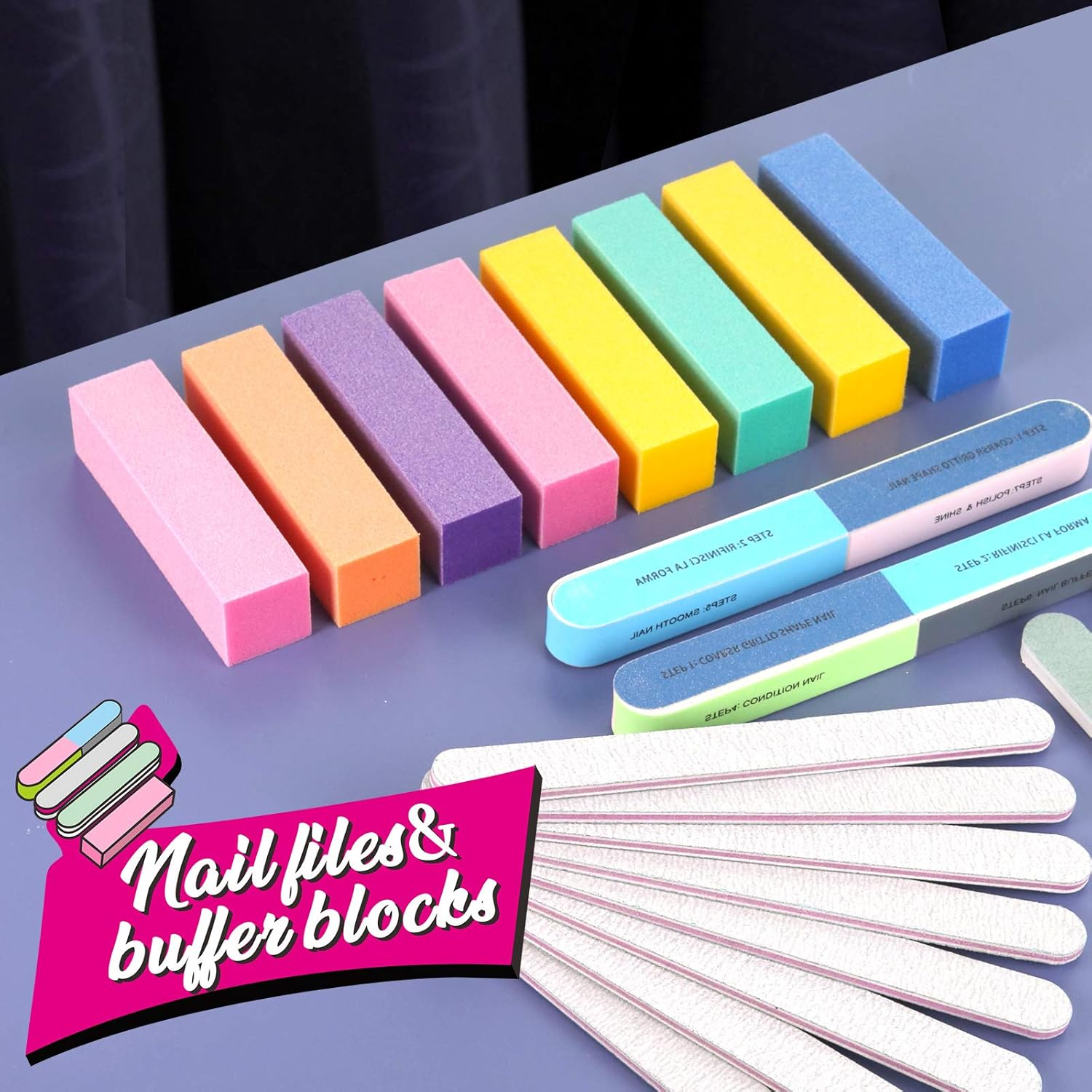 FANDAMEI Nail File and Buffer, Professional Manicure Tools Kit. 8PCS Rectangular Nail Buffer Block, 8PCS Nail File, 2PCS 7 Way Nail File & 2PCS Nail Polishing Buffer. Nail Care File Buffer Tool image number 2