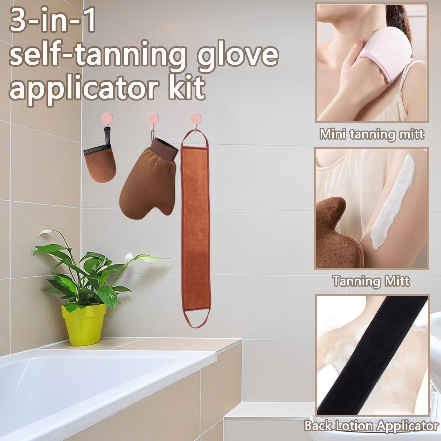 Tanning Mitt Set for Self-Tanning Mousse and Lotions - Elastic Tanning Gloves with Finger Slots for Back Applicator - Washable and Reusable Body Self Tanner Mitts (Pink) - Brown image number 7