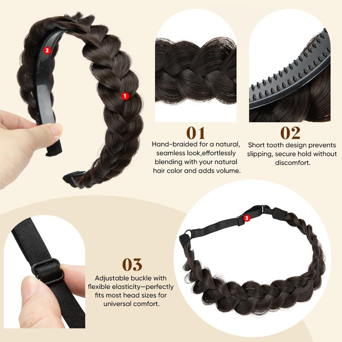 Braided Headbands for Women, 2Pcs Handmade Fishbone Braid Hairband with Non-Slip Grip &ndash; Elastic Stretch Headwrap for High Crown & Effortless Style (Dark Brown) image number 1