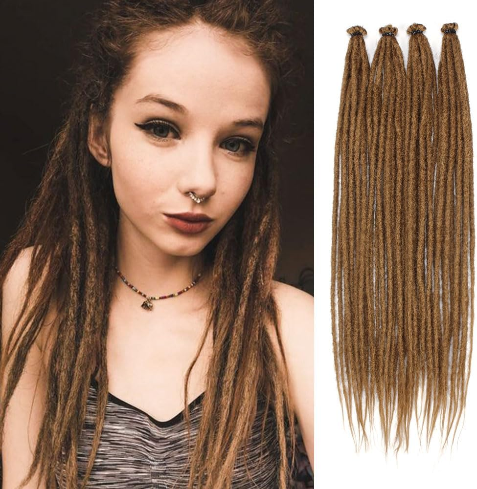 KRALER Thin Ombre Brown to Blonde Dreadlocks Extensions 22" 0.6Cm Synthetic Crochet Braided Hair Backcombed Dreads Extensions(10 Strands)