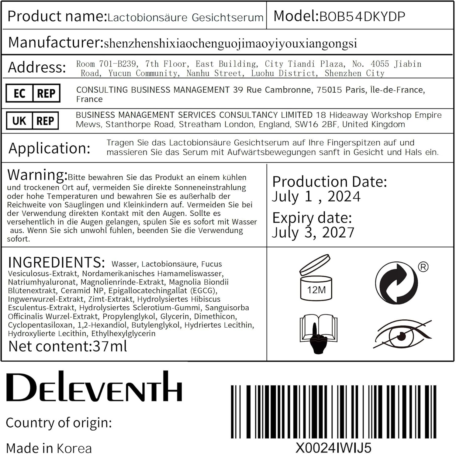 Deleventh Korean Brand Lactobionic Acid Face Serum 37Ml / Shrink Pores, Balance Water and Oil, Remove Blackheads, Smooth, Radiant Skin, Reduce Fine Lines and Improve Texture image number 6