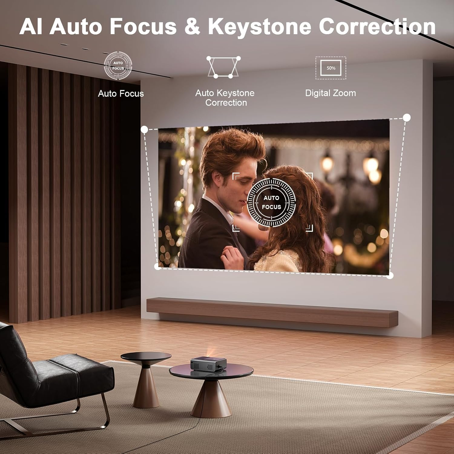 [Built-In Apps & Auto Focus/Keystone] Smart Projector 4K with Wifi and Bluetooth, VOPLLS 600ANSI Native 1080P Outdoor Projector, PPT, 50% Zoom Home Theater Movie Projector for Bedroom/Ios/Android