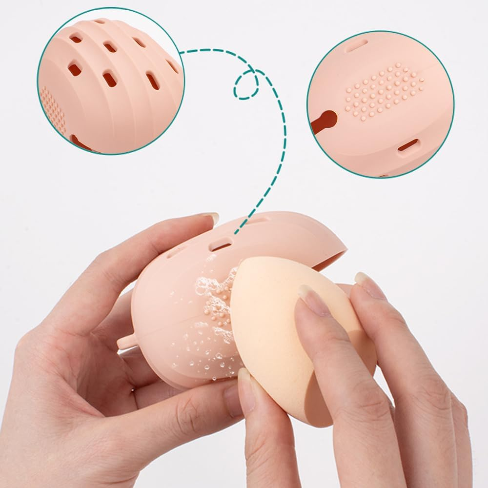 Soft Silicone Makeup Brush & Sponge Holder Set - Travel Friendly Dual Function Cosmetic Organizer with Sponge Compartment - Waterproof Beauty Tools Case for Brushes & Sponges, Pink