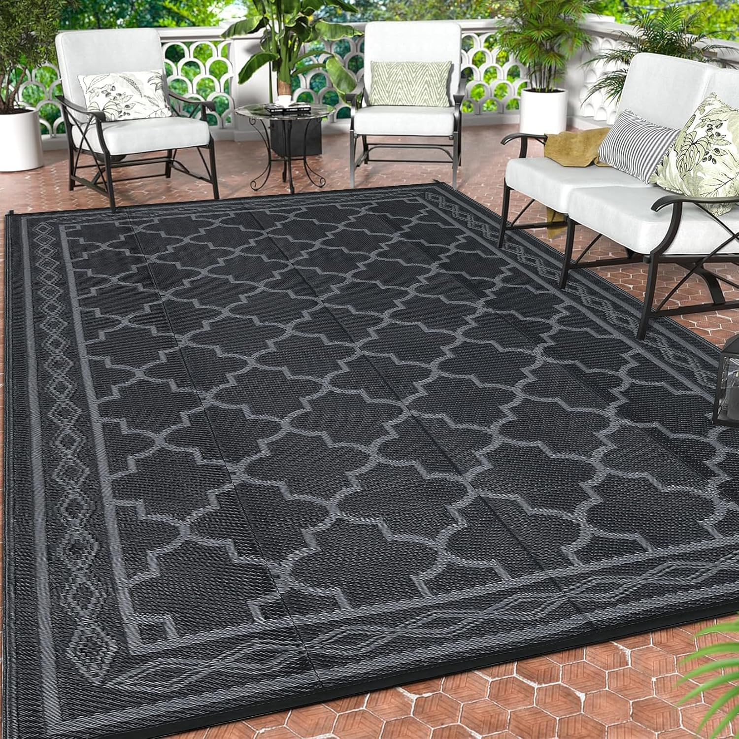 Lintimes Outdoor Rug for Patio Clearance, 152 X 244 Cm Reversible Mats, Waterproof Carpet, Plastic Straw Rug for Indoor Outdoor, Floor Mat&Rug for RV Porch Backyard Deck Beach, Black Gray
