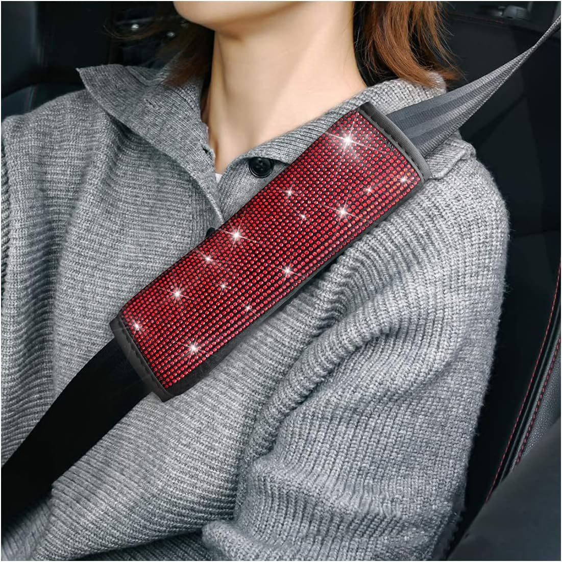 Bling Car Seat Belt Shoulder Pads, 2PCS Rhinestone Crystal Auto Seat Belt Covers, Diamonds Glitter Seatbelt Cushions for Women Girl, Car Decor Accessories for Most Cars, Trucks, SUV (Pink) - Black image number 4