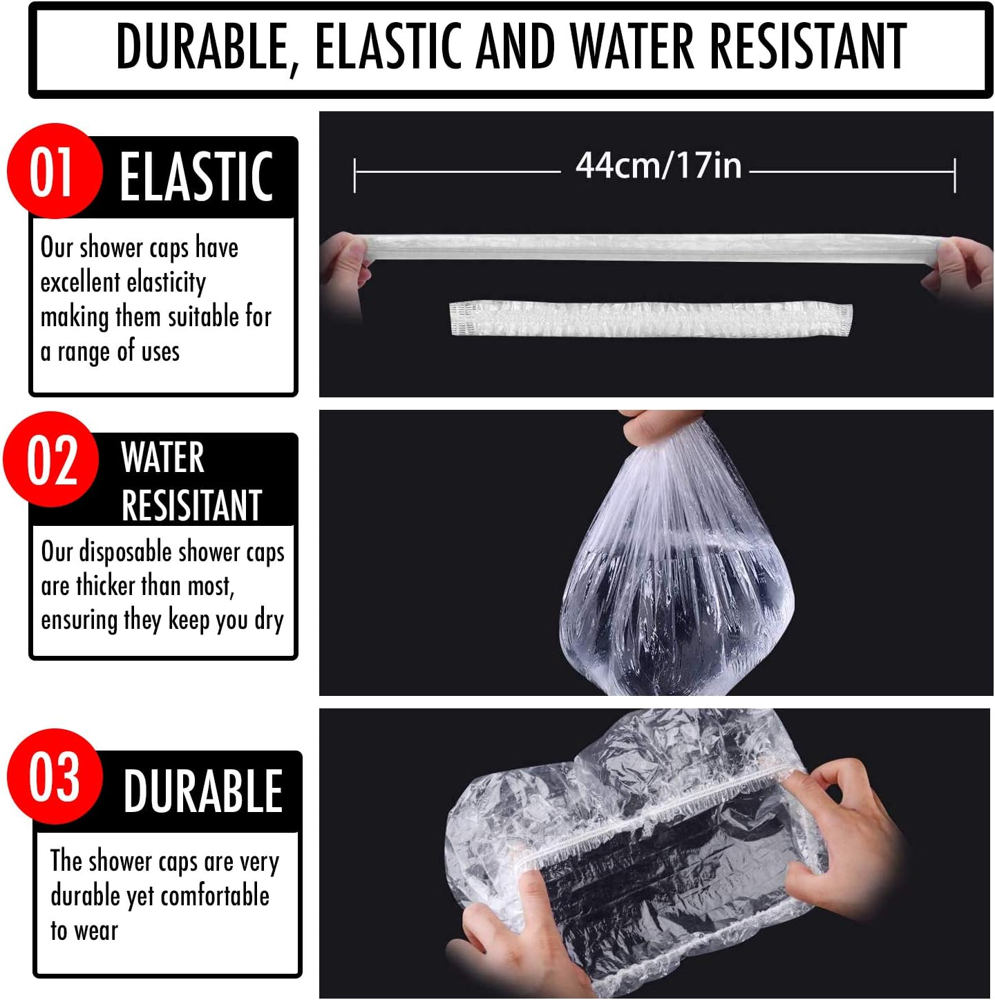 Disposable Shower Caps X100 Clear Waterproof Plastic Shower Caps for Women by GLAMZA image number 6