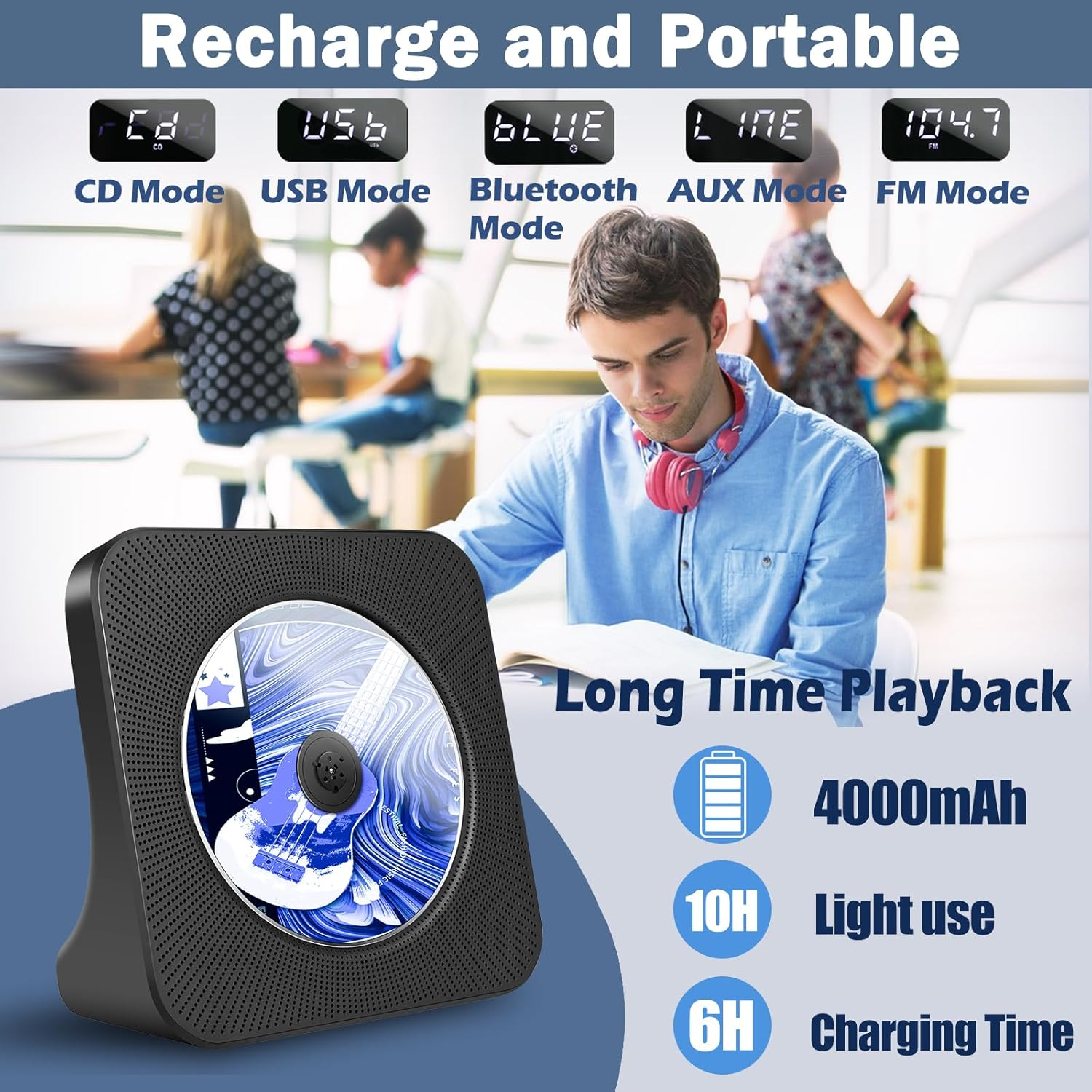 TODANGAI Rechargeable Portable CD Player, Bluetooth CD Players with 4000Mah Battery, Home Desktop Music Players with Remote Control, Supports Bluetooth, FM Radio, U Stick, AUX, Timer, Remote Control image number 3