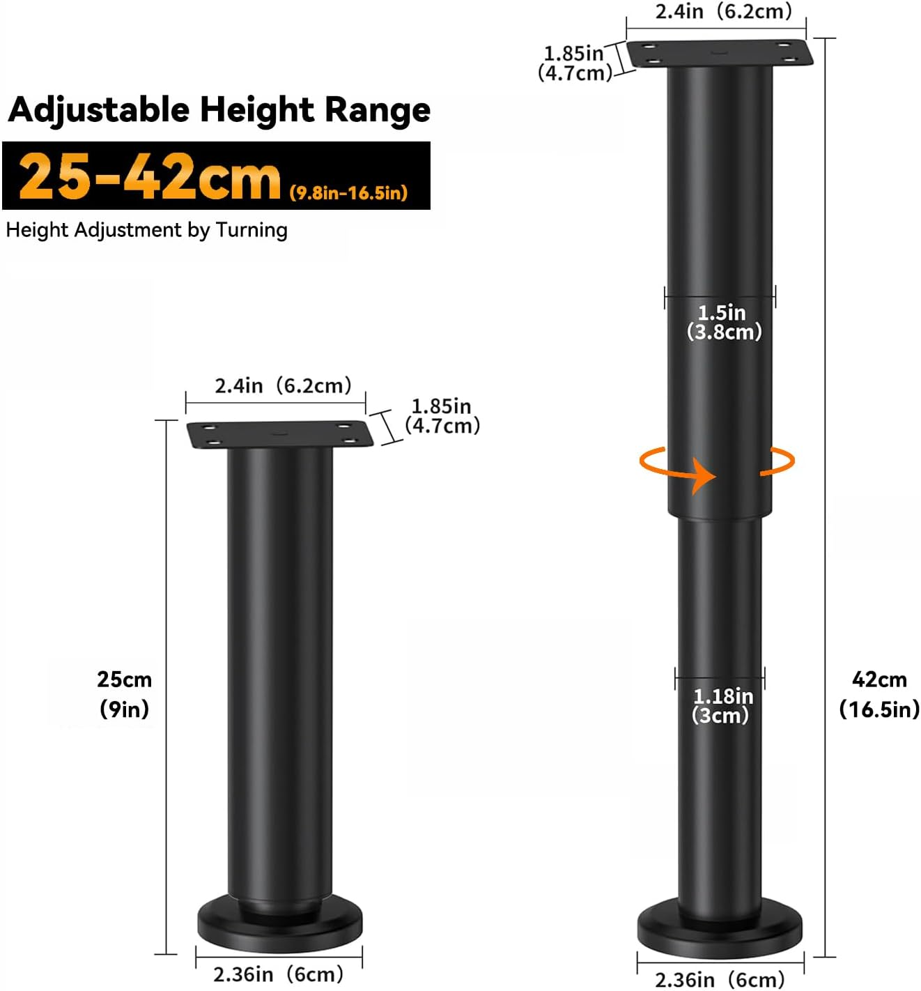 4 PCS Metal Adjustable Furniture Legs 25-42 Cm, Sofa Legs Cabinet Legs Adjustable Height Replacement Support Legs for Bed/Couch/Dresser/Chair/Coffee Table, Legs for Furniture Set of 4-Black image number 1