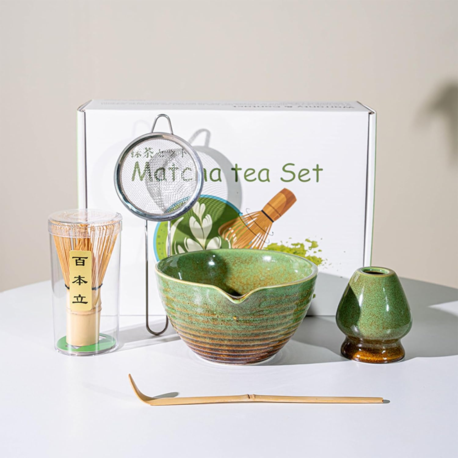 Matcha Set, Japanese Tea Set Includes Matcha Bowl with Spout, Matcha Whisk Holder, Bamboo Matcha Whisk and Sifter Scoop, 17 Oz Mottled Tea Green Glaze Ceramic Matcha Kit for Tea Lovers image number 4
