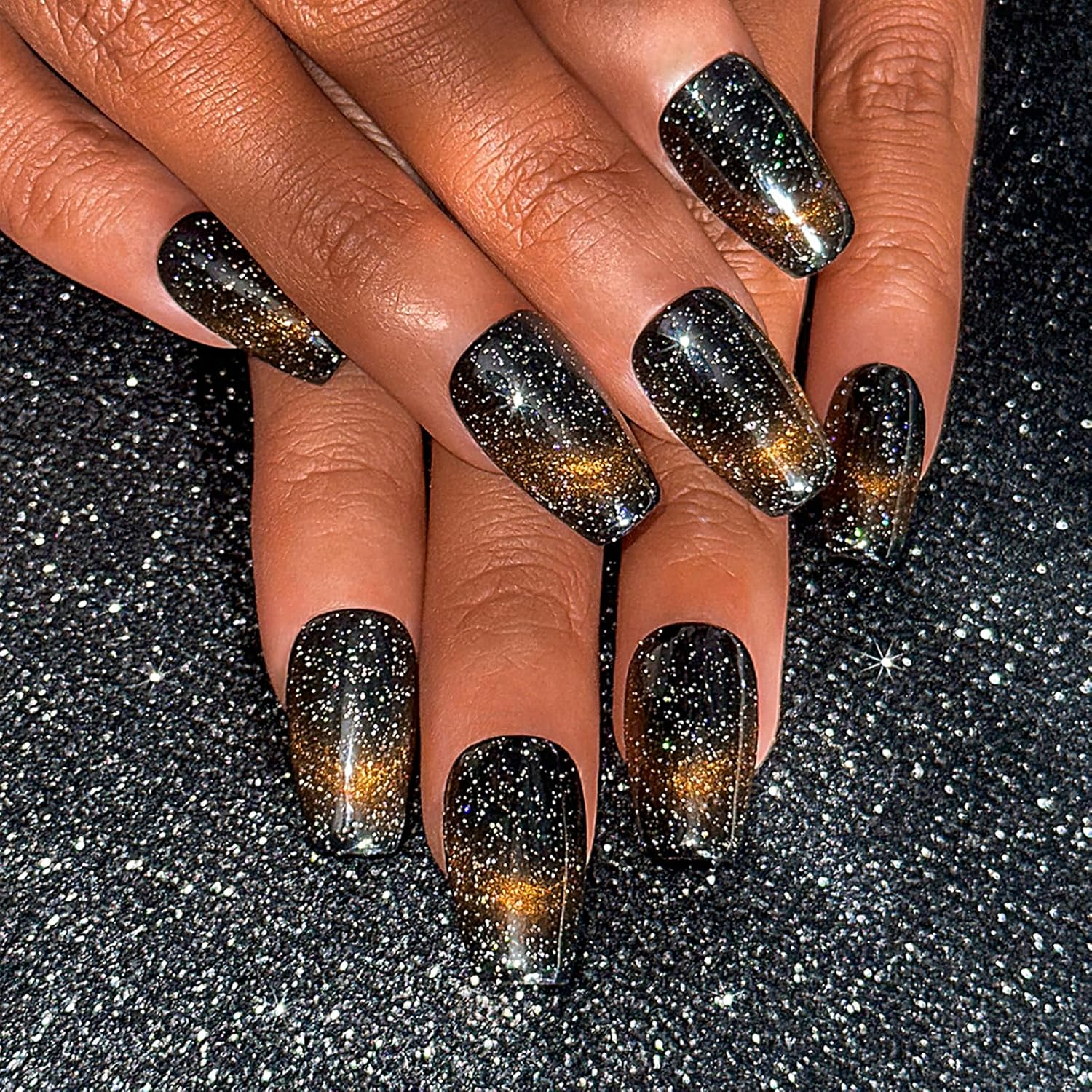 Sethexy Handmade Black Cat Eye Gradient False Nails Sparkle French Medium Press on Nails Sparkle Shiny Acrylic False Fingernails Removable for Women and Girls image number 6