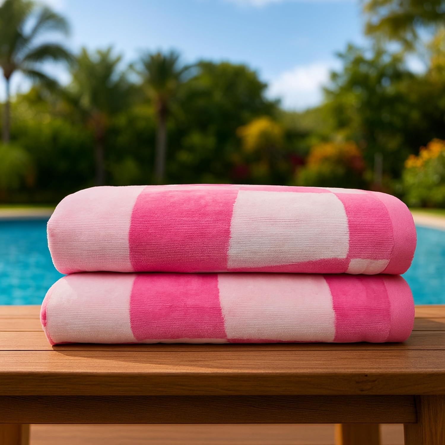 LARA Home Luxury Jacquard Velour Beach Towels, 100% Cotton, Large Beach Towel Size 90X165Cm, 500GSM, Pack of 2, Double-Sided Pattern Velvet (Pink White Pattern) - Green White Checkered image number 5