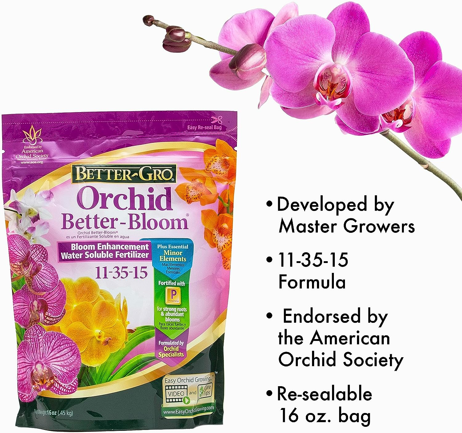 Better-Gro Orchid 11-35-15 - Urea-Free Bloom Fertilizer for Orchids, High-Content Phosphorus for Vibrant Blooms, Water Soluble, Ideal for Indoor House Plants - 16 Oz Resealable Bag image number 5