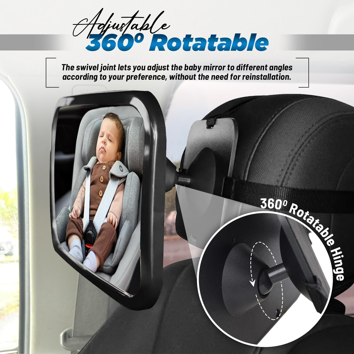 Black Rear View Baby Car Seat Mirror - 360&deg; Rotatable & Adjustable for Clear, Wide View of Rear Facing Infant, Universal Fit, Shatterproof Plastic, Easy Installation with Bonus 'Baby in Car' Sticker image number 5