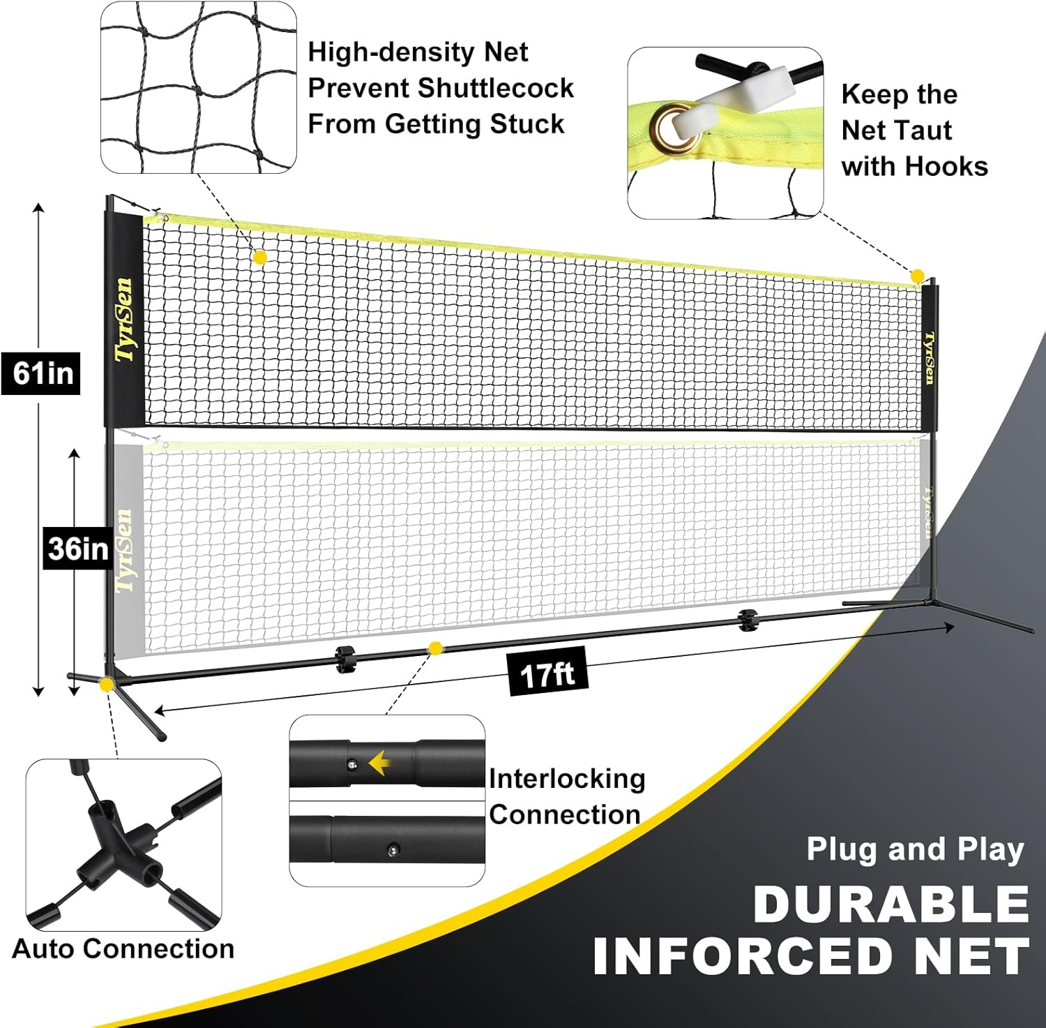 TYRSEN Portable Pickleball Badminton Net Set, 17FT Adjustable Heights All-In-One Net W/4 Pickleball Paddles 4 Badminton Rackets, Freestanding Pickleball Badminton Net for Backyard Driveway image number 2