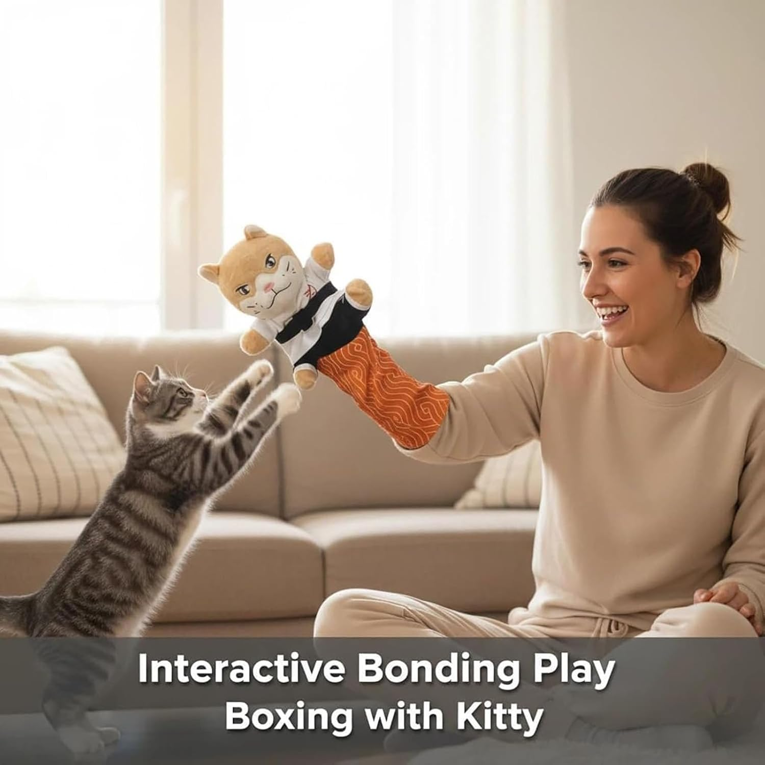 Karate Kitty Cat Wrestling Puppet with Protective Forearm Sleeve, Interactive Hand Biting Toy for Play, Safe Boxing Puppet with Tough Padding for Kittens and Adult Cats (1Pc) - 2Pcs image number 4