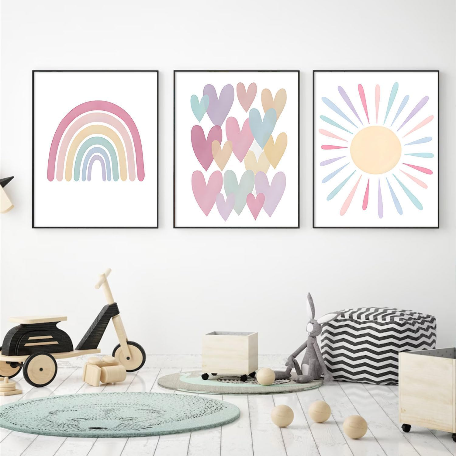 3Pcs Pink Nursery Canvas Wall Art Pastel Rainbow Sun Hearts Posters Prints Boho Pink Sunshine Painting Wall Decor Pictures for Toddler Girls Baby Kids Room Decoration, Unframed 12X16In image number 3