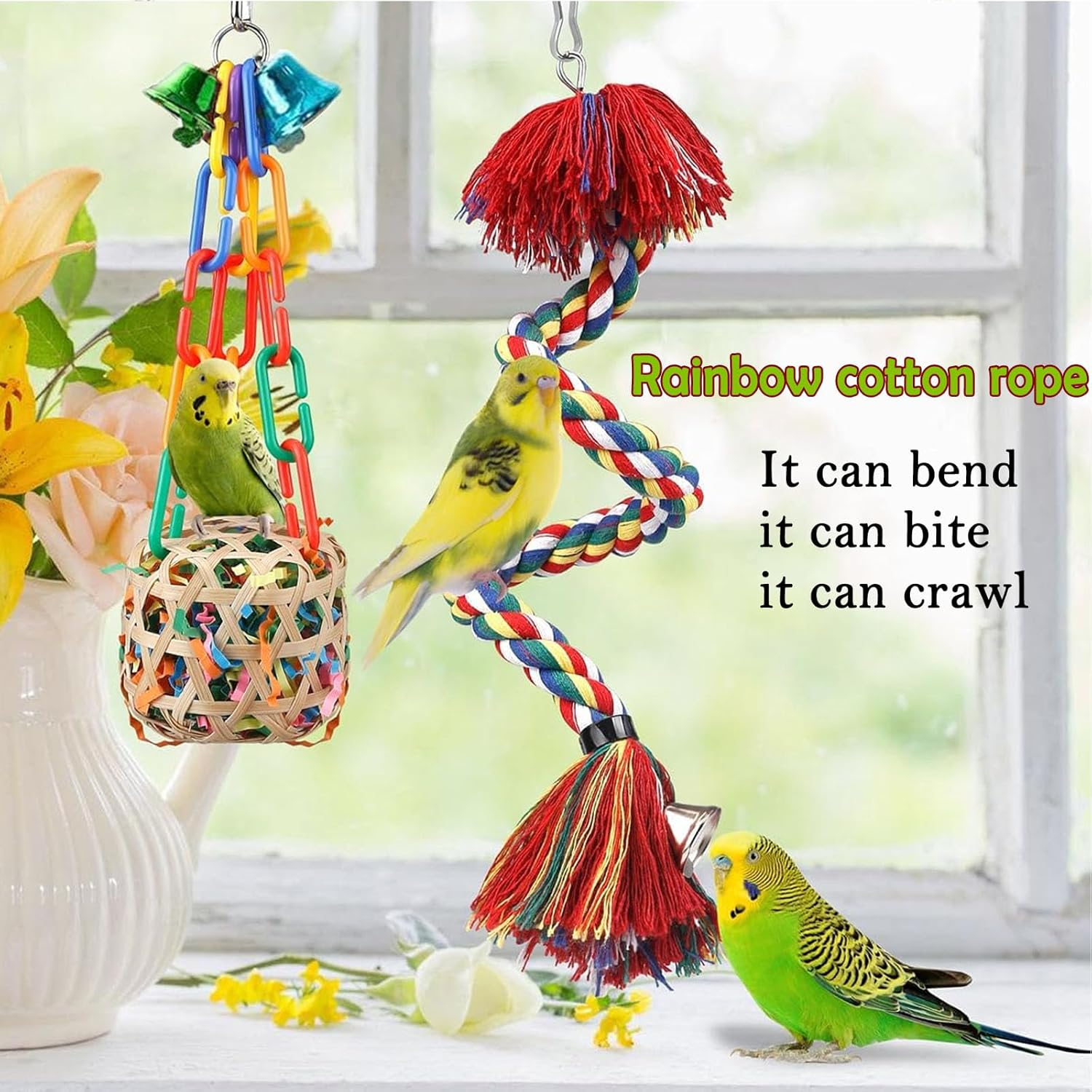 Wakouter Bird Toys, 6 Pcs Parrot Toys, Bird Swing Hanging Standing Chewing with Colorful Shredding Foraging, Climbing Ladder Bird Cage, for Lovebird, Conure, Cockatiel, Finches, Parakeets, Macaws