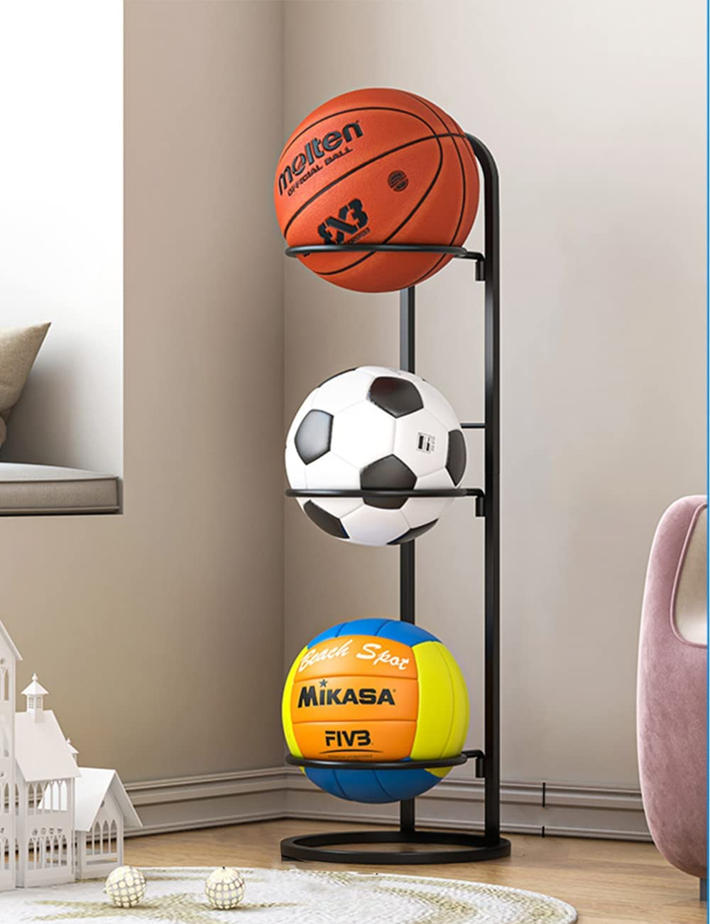 3 Tier Cube Ball Storage Holder, 1PC Space-Saving Practical Durable Creative Ball Rack Basketball Holder Shelf Metal Stand, Freestanding Garage Sports Equipment Organizer Indoor Display Stand image number 6