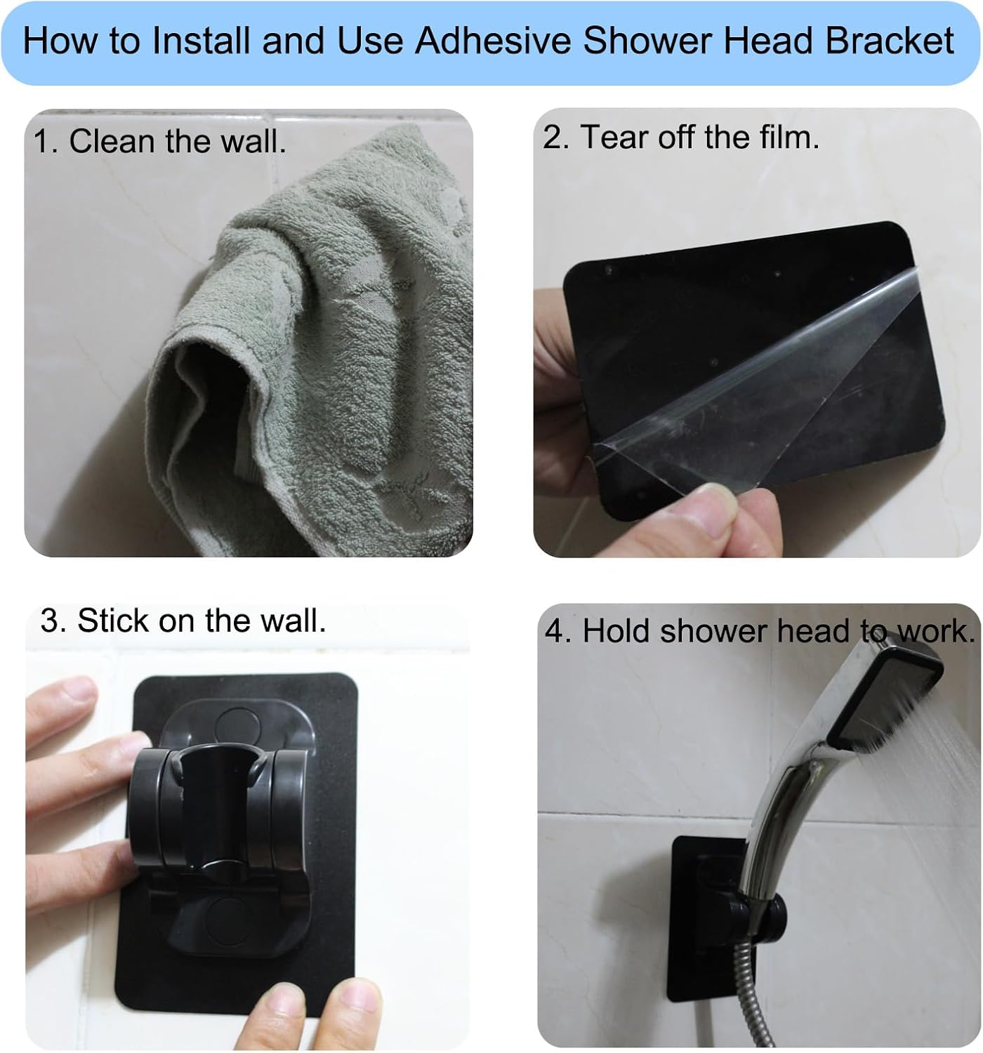 Dalyndar Strong Adhesive Shower Head Holder Angle Adjustable Handheld Shower Arm Bracket Compatible with Various Types of Shower Heads, No Drilling Wall Mounted Bathroom Kit 1 Pack Black Waterproof image number 6