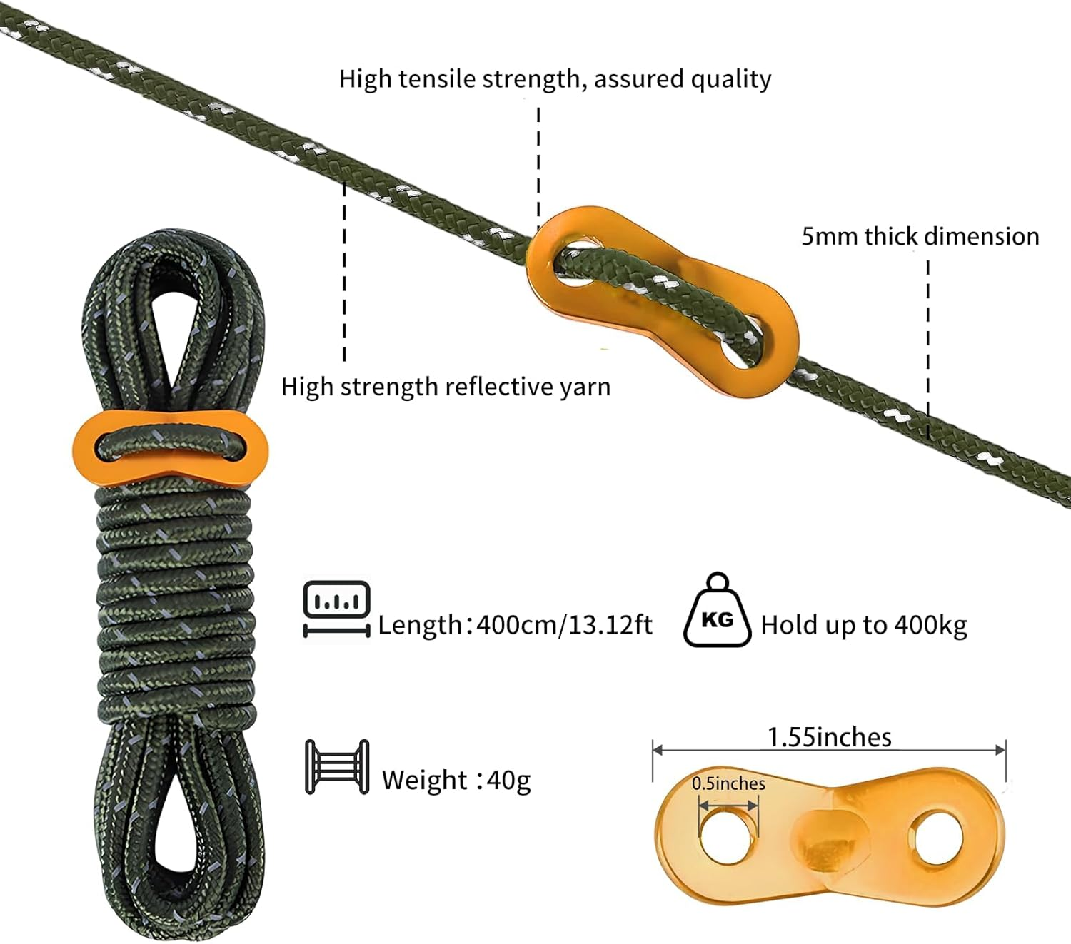 8 Pack 4Mm Guy Lines Ultralight Tent Cords with Aluminum Adjuster Tensioner Outdoor Camping Guylines Ropes for Tent Tarp,Climbing,Hiking Backpacking (Army-Green) image number 4