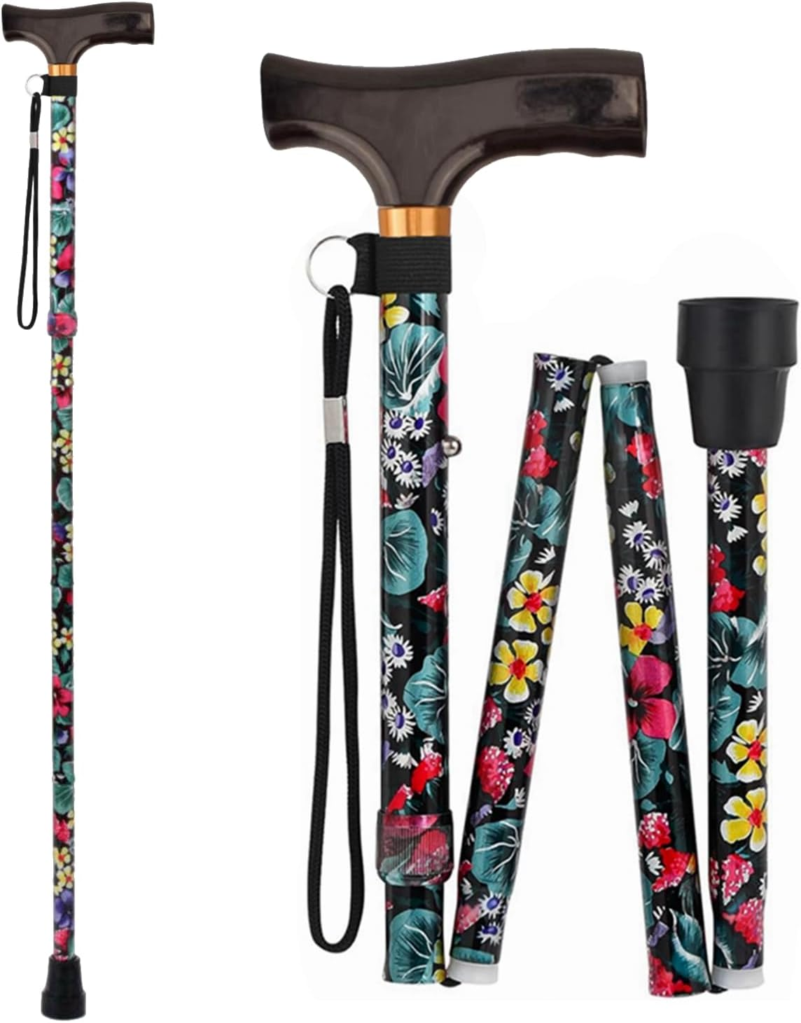 Foldable Walking Cane, 5 Level Height Adjustable with Smooth Wood Handle, Portable Collapsible Cane for Seniors, Black image number 6