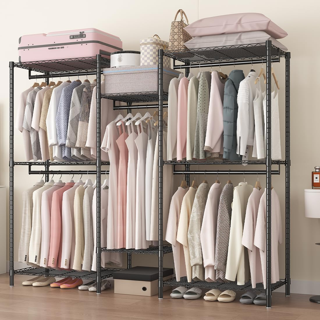 Clothes Rack,Heavy Duty Garment Rack with Adjustable Shelves and Hanging Rods, Multi-Functional Clothing Rack for All Kinds of Clothes and Shoe Storage.Expandable Wardrobe,Closet Organizer. image number 2