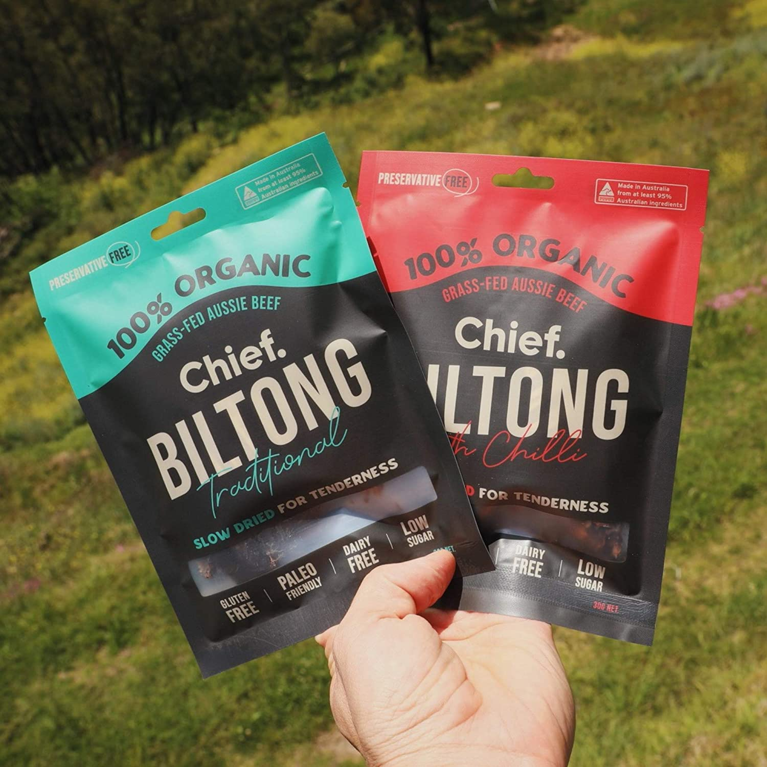 CHIEF Traditional Beef Biltong (12 X 30G Bags) | 100% Organic Grass-Fed Aussie Beef, Paleo Friendly, Gluten Free, Dairy Free, Nut Free, Low Sugar image number 4