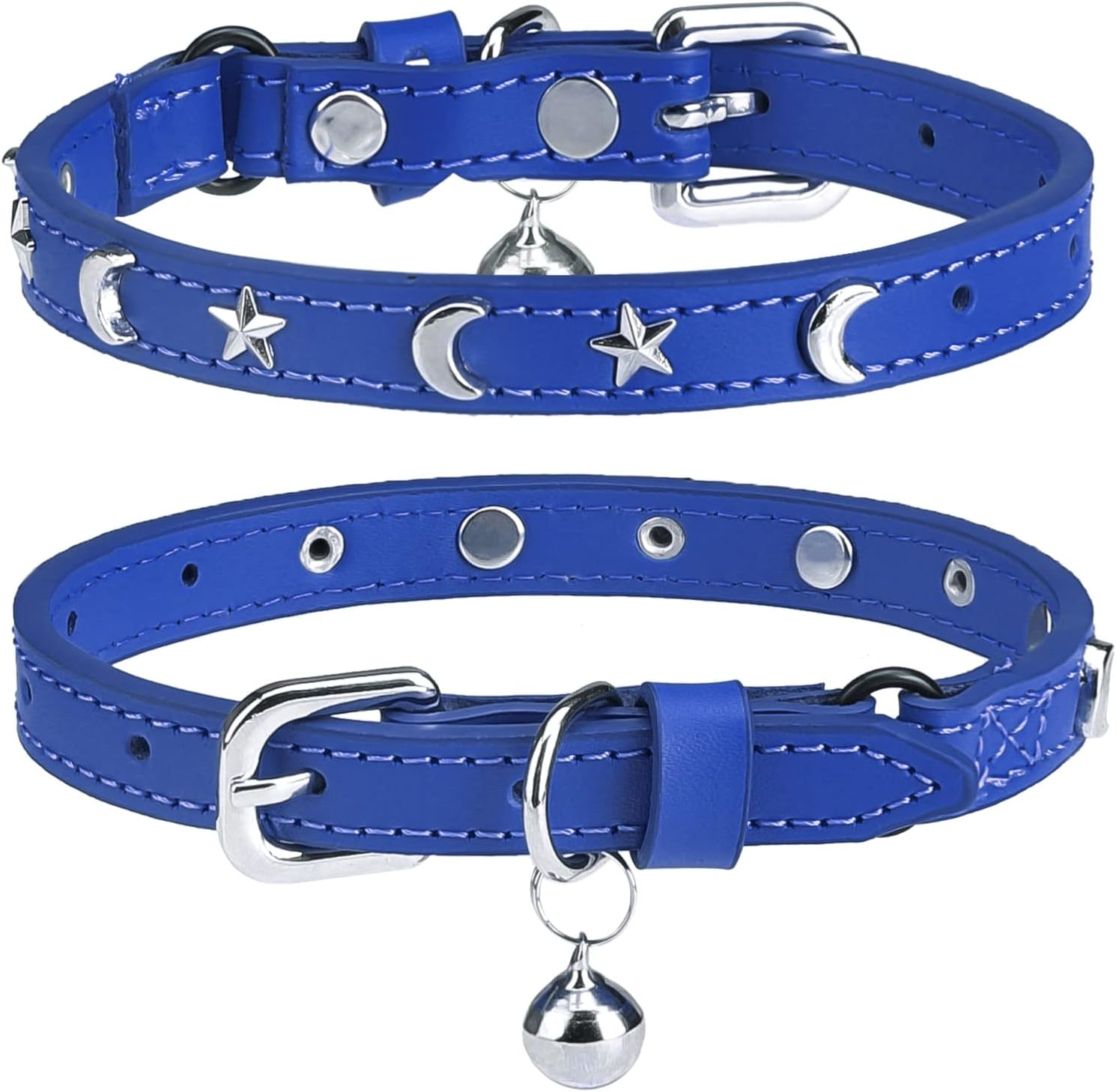 DILLYBUD Leather Cat Collars for Boy Girl Cats with Bell and Safety Elastic Belt, Personalized Star Moon Stud Adjustable Safe Buckle Collar Kitty Small Big Size 8-12 Inch, Blue (DIL-6119600_BLU) image number 1
