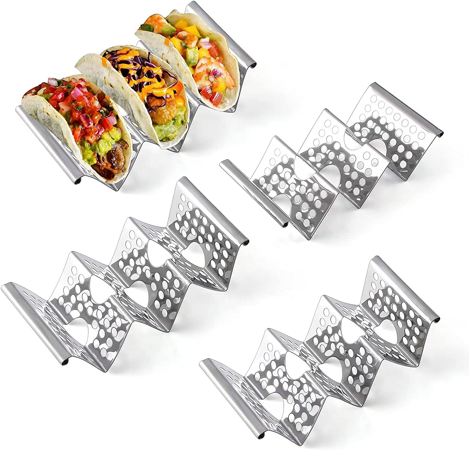 Chbuuero Taco Holders Set of 4, Taco Stand, Stainless Steel Taco Holder, Each Can Hold 3 Tortillas, with Easy-Access Handle, Fits Microwave, Air Fryer and Oven image number 2