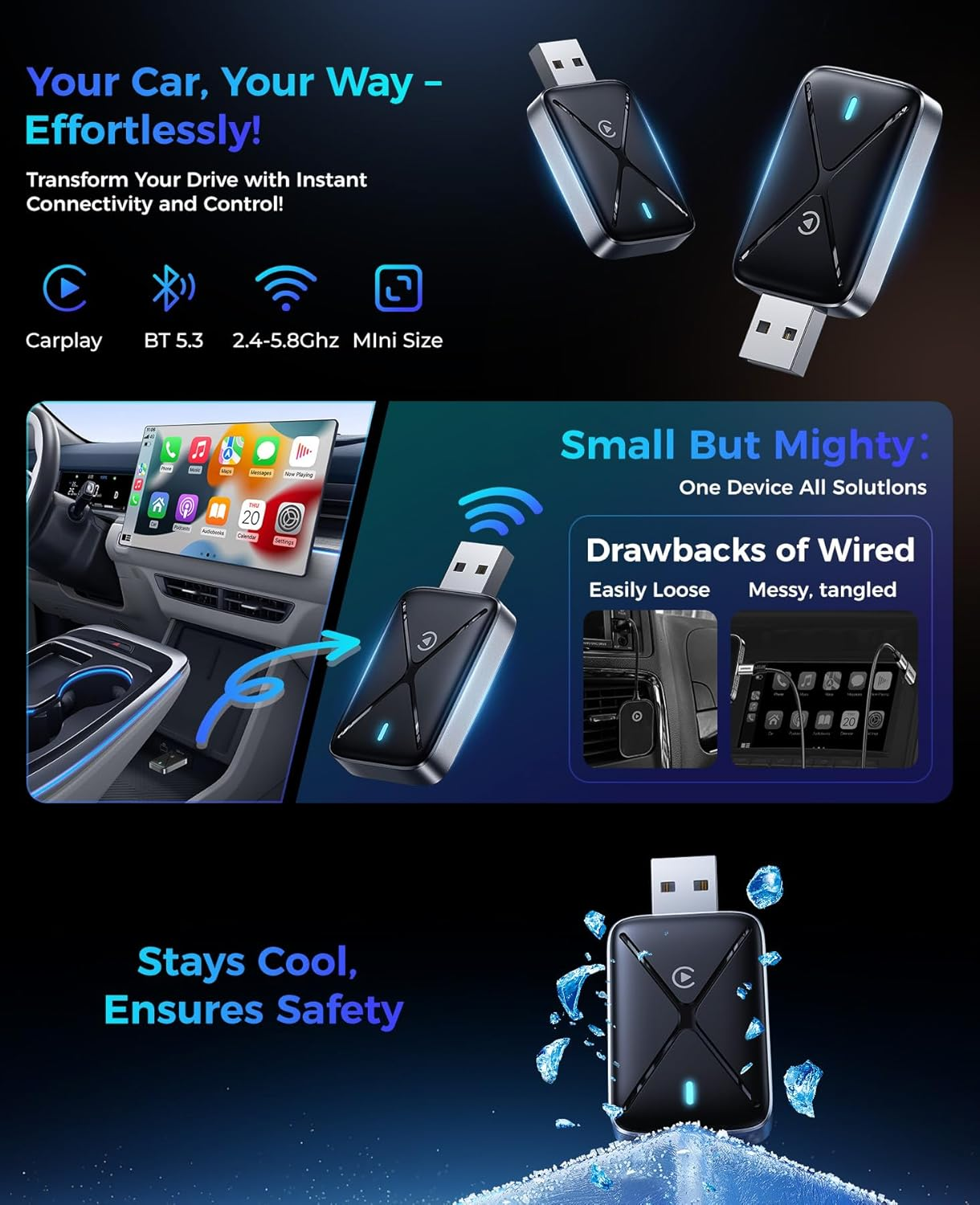 Wireless Carplay Adapter for Iphone, Mini Size for Apple Carplay Adapter, Convert Wired to Wireless with Extension Cable USB & Usb-C/Type-C, Stable Control & No Delay, Black image number 2