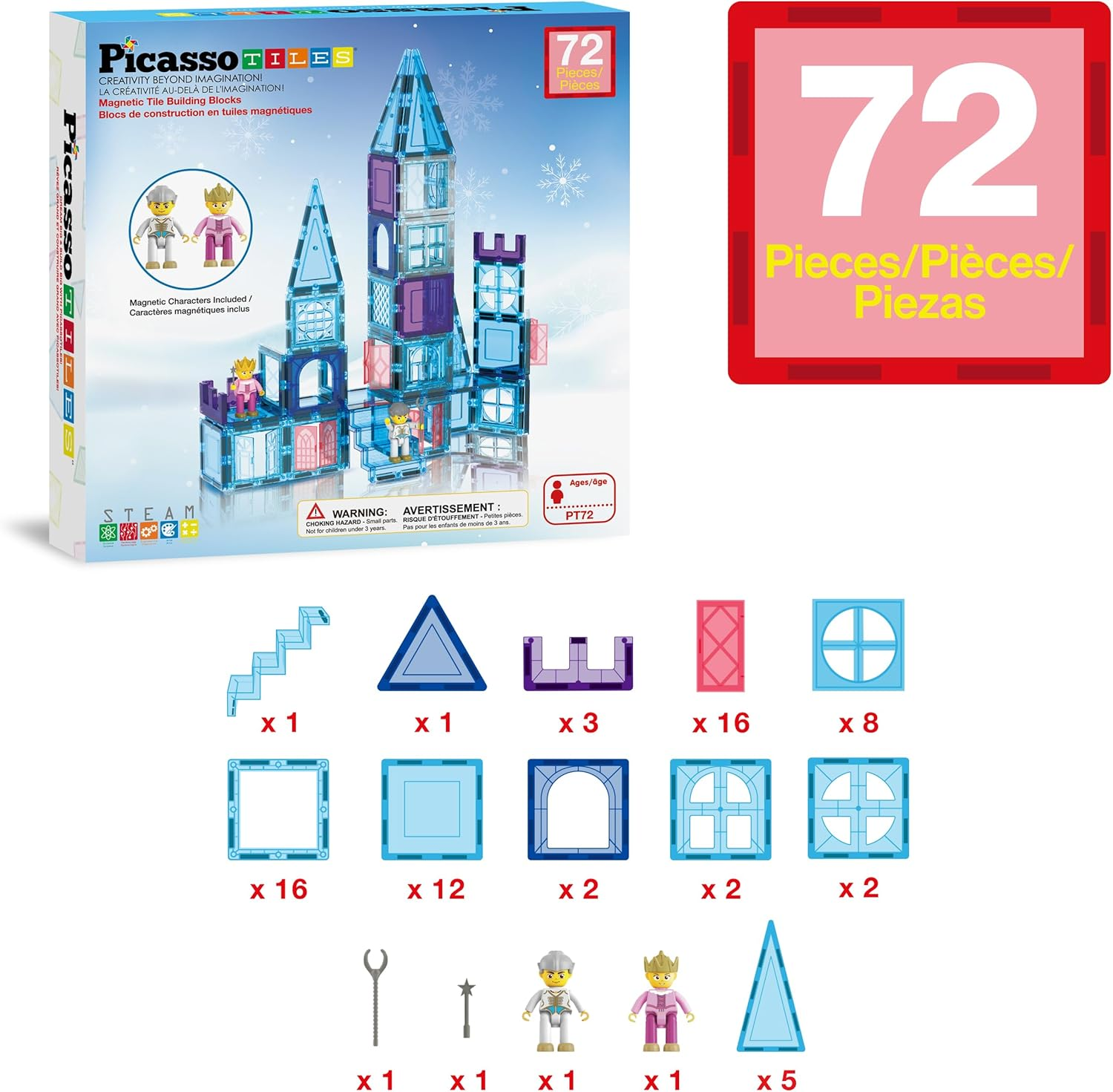 Picasssotiles 72 Piece Magnetic Building Tiles Castle Winter Ice Theme Construction Magnet Block Set with Princess Prince Character Stairs Windows Doors STEM Learning Educational Toy Kids Ages 3+ PT72 image number 6
