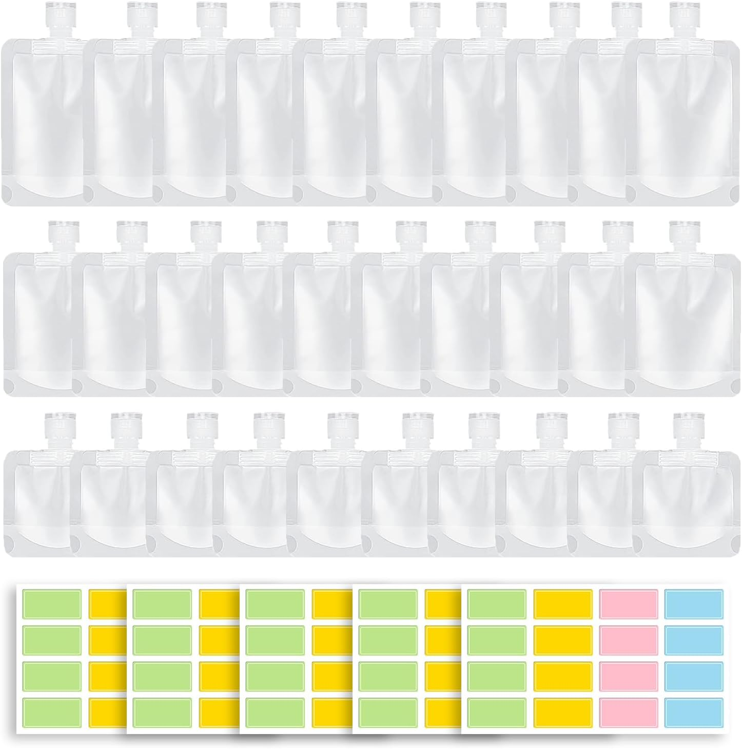 30 PCS Travel Pouches for Toiletries, Funcyboo Travel Size Portable Container with 5 PCS Sticker Leak Proof Travel Pouch Refillable Squeeze Pouch for Shampoo Conditioner Cream Lotion (30/50/100Ml)