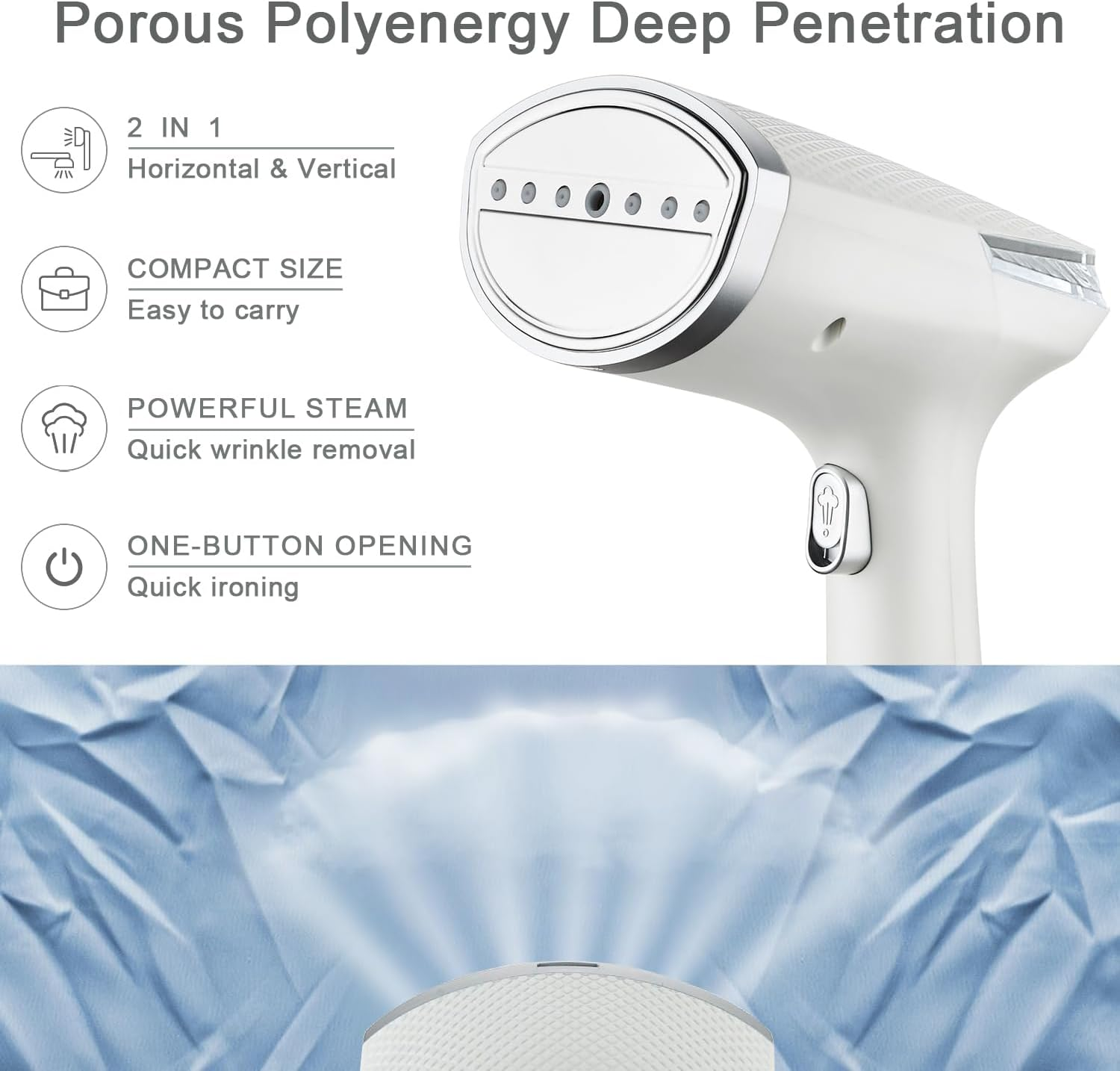 Handheld Garment Steamer Iron for Clothes, 1500W Fast Heat up Portable Travel Clothing Steamer Fabric Wrinkles Remover with 300Ml Water Tank for Curtain Bed, Strong Steam (White 2) image number 1