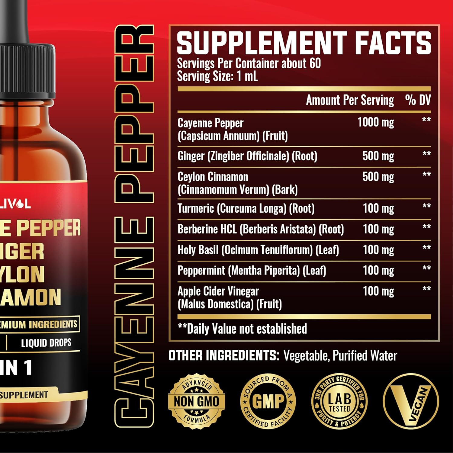 8In1 Cayenne Pepper Liquid Drops with Ginger, Ceylon Cinnamon and 5 More Herbals - Digestion, Circulatory Heath Support - 2 Fl Oz for 2 Months