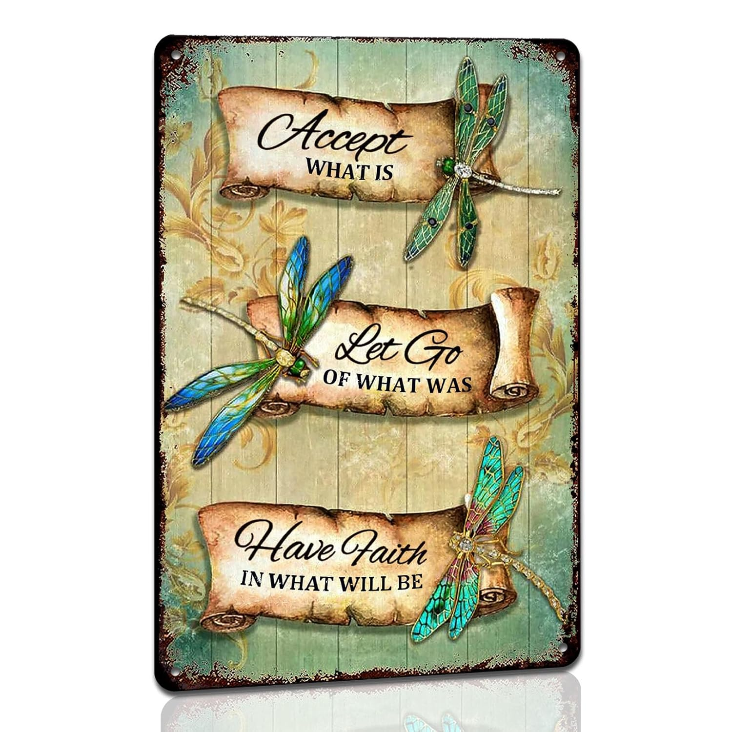 Dragonfly Tin Sign Retro Accept What Is Metal Signs Vintage Dragonfly Wall Art Outdoor Garden Decor Dragonfly Gifts for Women Bathroom Sign Home Decoration Let Go of What Was Have Faith in What Will