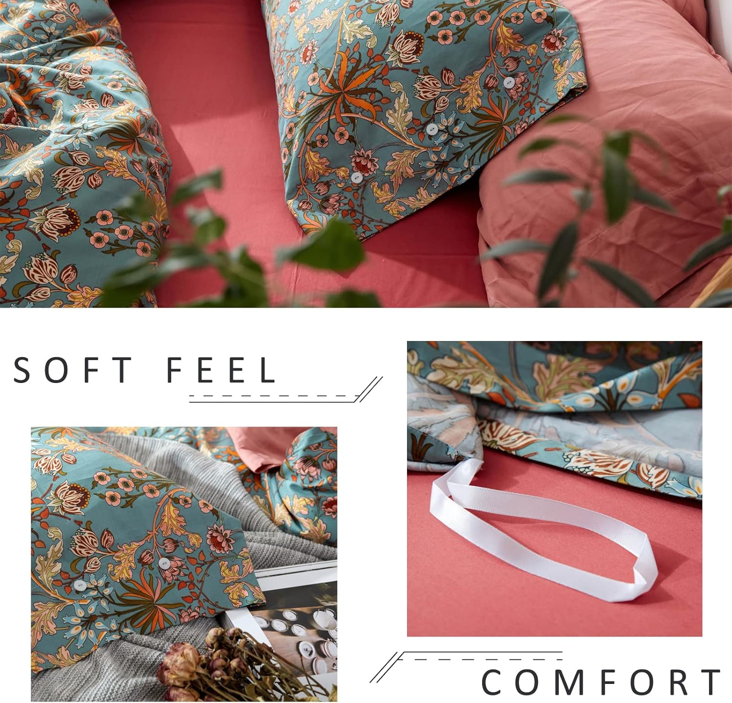 Mixinni Vintage Style Garden Flower Duvet Cover Set with Zipper Closure Long Staple Percale Cotton Yellow Vibrant Pattern on Blue Bedding Quilt Cover Set(King, All Season) image number 1