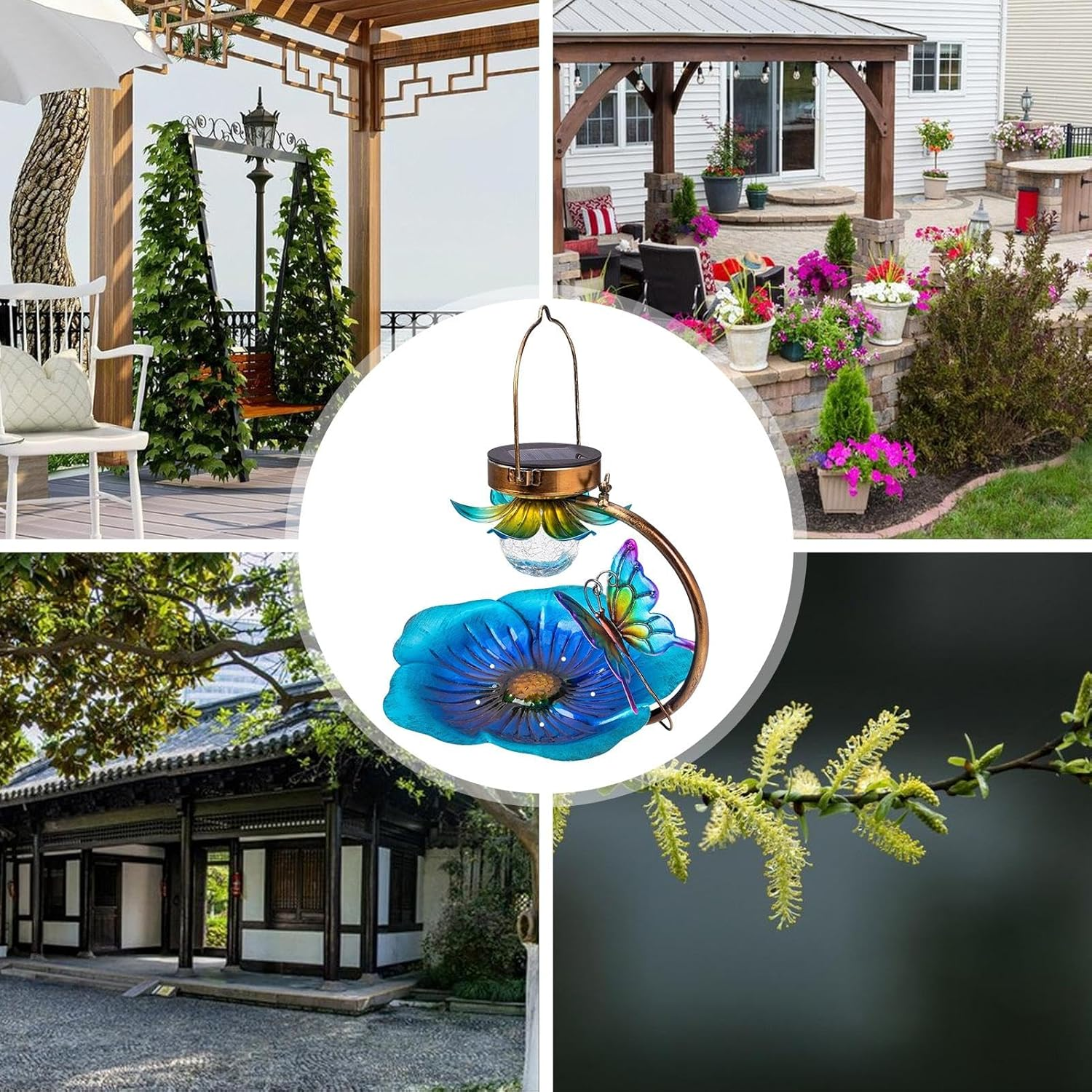 Metal Bird Feeder | Metal Lamp Feeder for Birds | Solar Powered Eaturing an Irregular Interior Pattern and a Bright and Warm Night image number 4