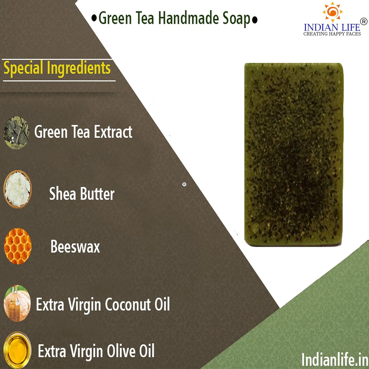 Indianlife&reg; Glowing Handmade Soap-Green Tea-Kumkumadi-Banana for Men-Women Excellent Beauty Ingredients- Shea Butter-Jojoba Oil-Almond Oil 150 Gm(50X3) image number 5