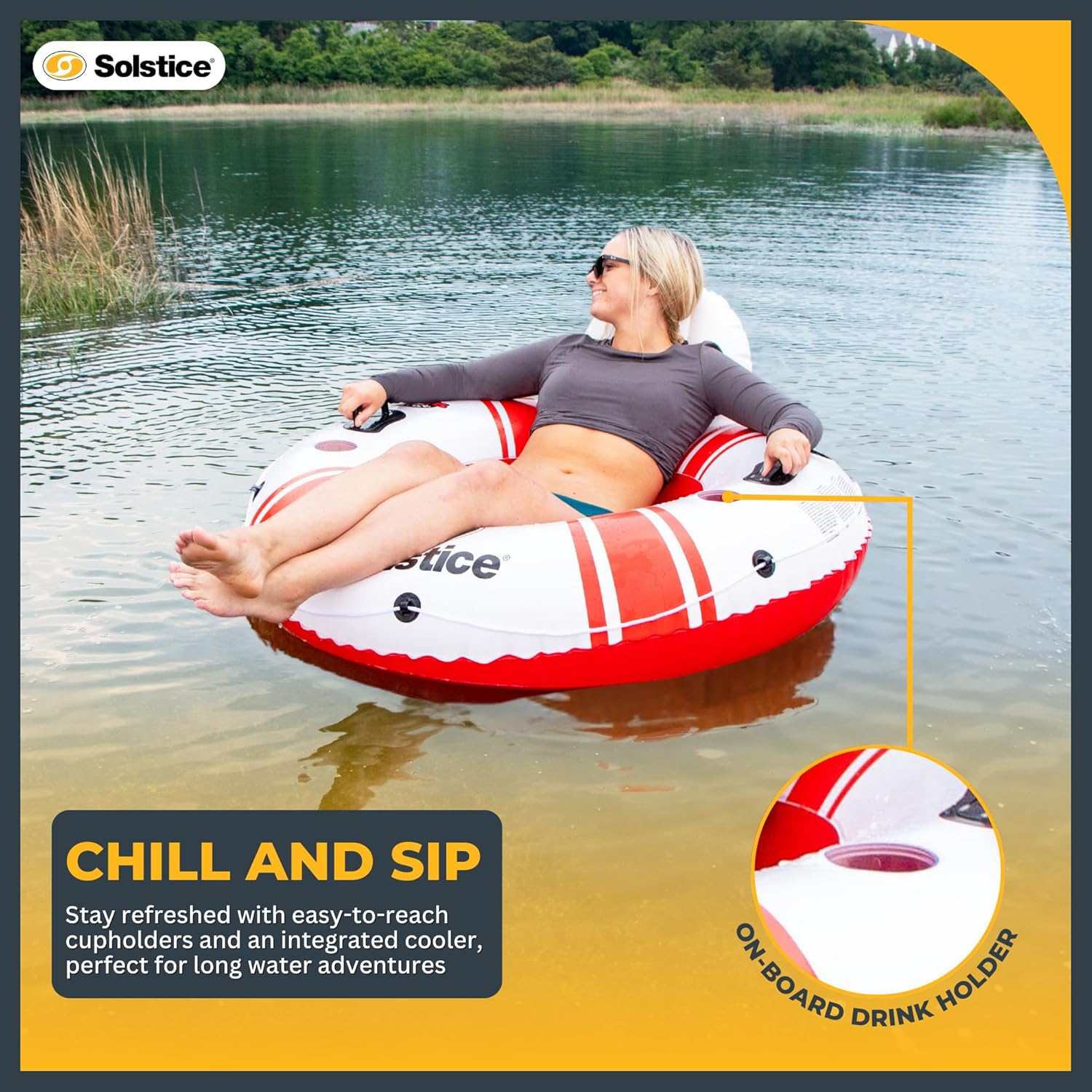 Solstice Super Chill Inflatable River Raft Float Tube 1 Person with Molded Cupholders, Mesh Bottom, Backrest, Grab Handles Tie on Rope | for Rivers Lake Ocean Pool Floating Snow Heavy Duty Material image number 5