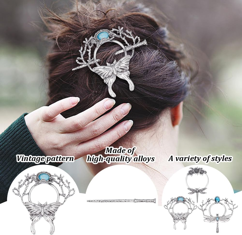 WEBEEDY 3 Styles Vintage Silver Hairpin Dragonfly Butterfly Sunflower Moon Hair Pins round Alloy Hairpin Viking Retro Barrettes for Women Long Hair Accessories,Valentine'S Day Gifts,8.7Cm image number 4