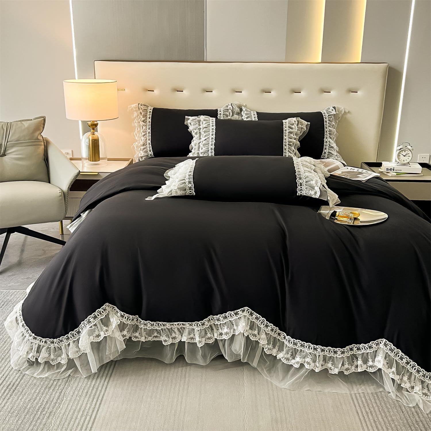 MOOWOO Chic Ruffle Lace Polyester Duvet Cover Set -Girl Black Bedding-3 Piece Queen Duvet Cover with Zipper Closure -Ultra Soft and Light Weight (Black,Full) image number 2