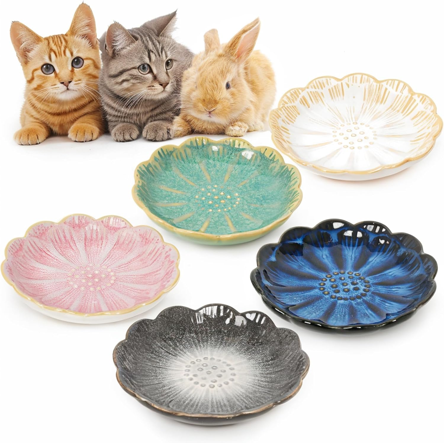 Skrtuan Ceramic Cat Bowl, Pack of 5 Cat Feeding Bowls, Cat Bowls for Kittens and Small Animals, Cat Food Bowl, Flat Feeding Bowl, Cat Bowl Set