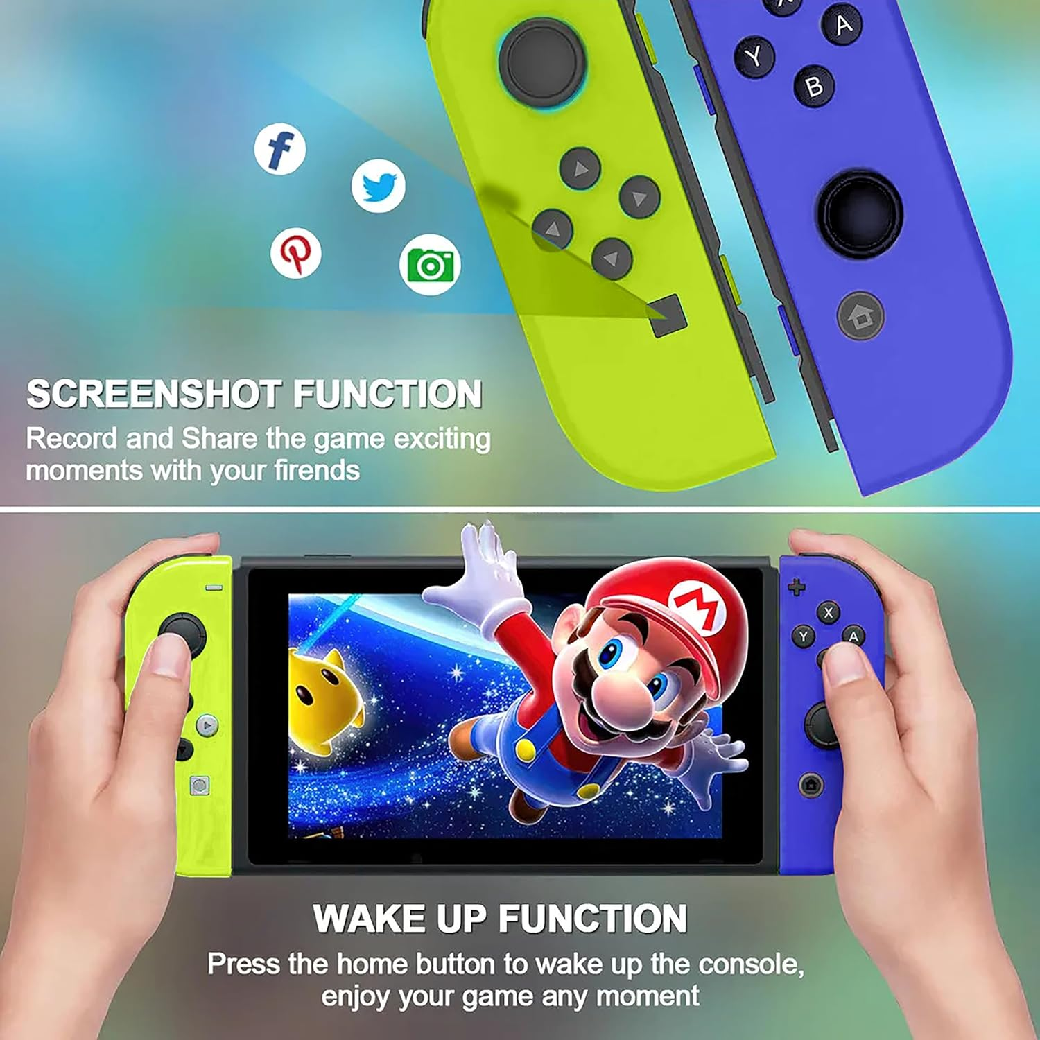 Costec Joy Con Controller for Nintendo Switch Replacement for Nintendo Switch Controller, Compatible with Switch, Wireless Left and Right Joy Con for Switch Nintendo Support Dual Vibration/Wake-Up/Screenshot, Joy Con Controller for Switch OLED Lite [Neon Blue/Neon Yellow] image number 4