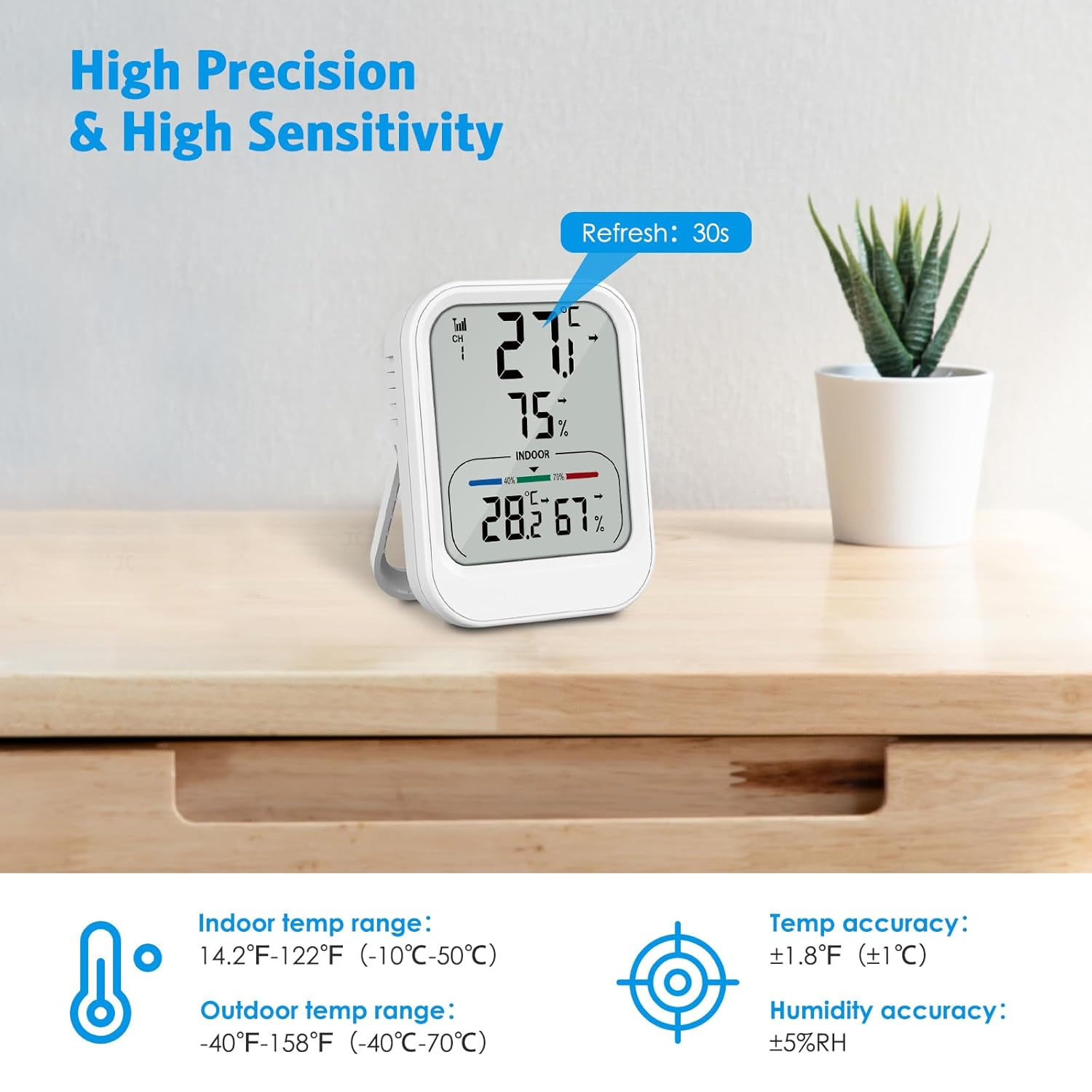 Brifit Digital Room Thermometer Hygrometer, Wireless Indoor Outdoor Thermometer with Sensor, Temperature Humidity Monitor Gauge with LCD Display, &deg;C/&deg;F Switch, MAX/MIN Record, for Home, Greenhouse image number 1