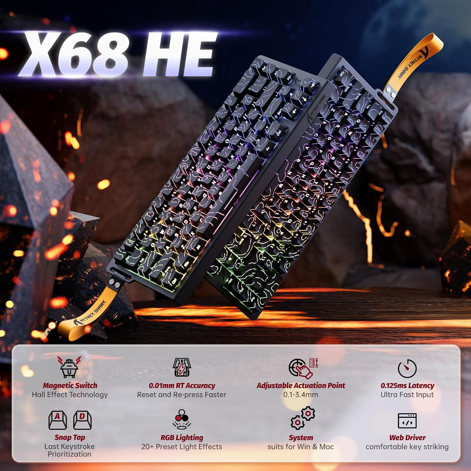 ATTACK SHARK X68 HE 8000Hz Rapid Trigger Keyboard, 0.01 Mm RT Accuracy, Wired RGB 60% Gaming Keyboard with Magnetic Switches, Adjustable Actuation, Snap Tap, for Pc/Mac (Blackline) image number 6