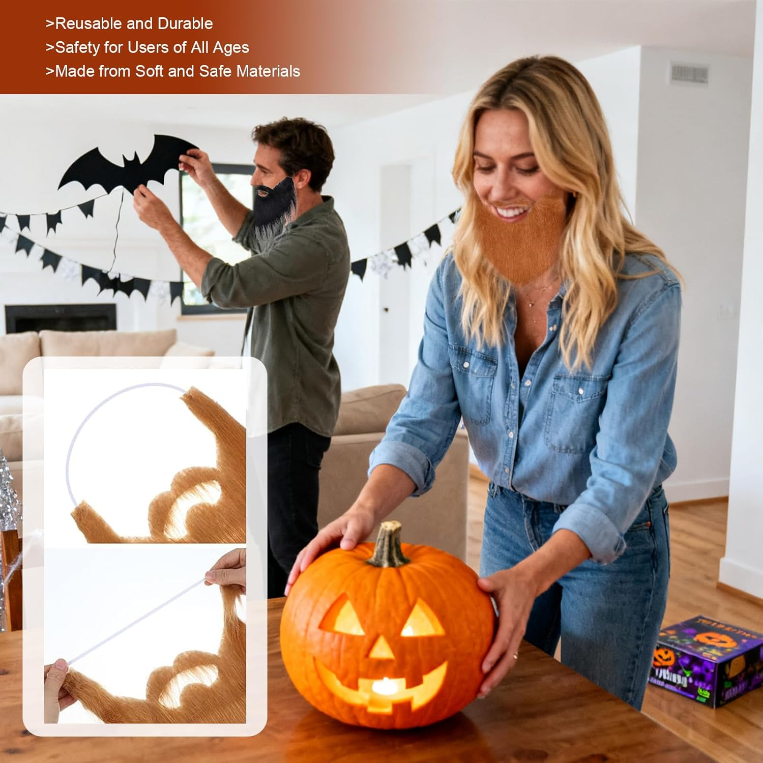 4 Pack Fake Beards & Funny Fake Mustache - Self-Adhesive Fake Whisker Costume Set for Halloween/Christmas/Parties/Cosplay, False Beards for Adults & Children image number 3