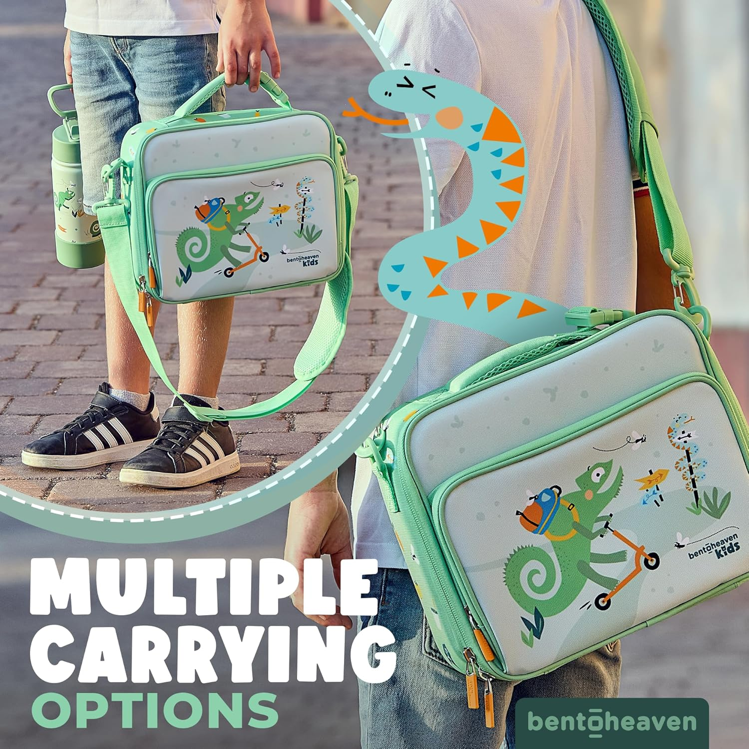 Bentoheaven Insulated Lunch Bag for Kids, Girls & Boys - Large Size Fits Bento Lunch Box, Water Bottle & Snacks - Durable, Easy to Clean, Leakproof - Adjustable Shoulder Strap, Zipper Pockets (Green) - Green image number 4