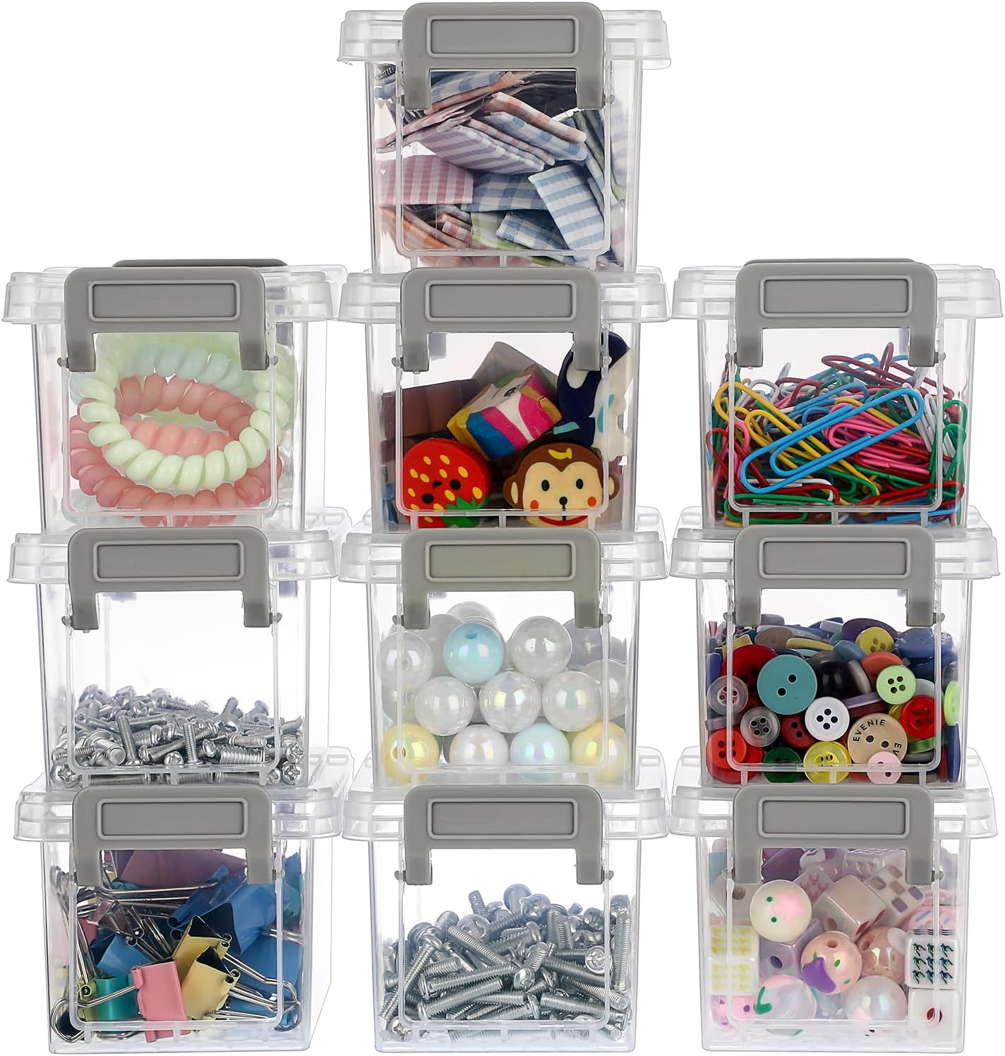 OGA 10 Small Transparent Storage Boxes, Plastic Organiser with Lid, Stackable Storage Containers for Office Supplies, Stationery, Craft Accessories, Hardware 12 X 8 X 7 Cm (Boxes Only) image number 6