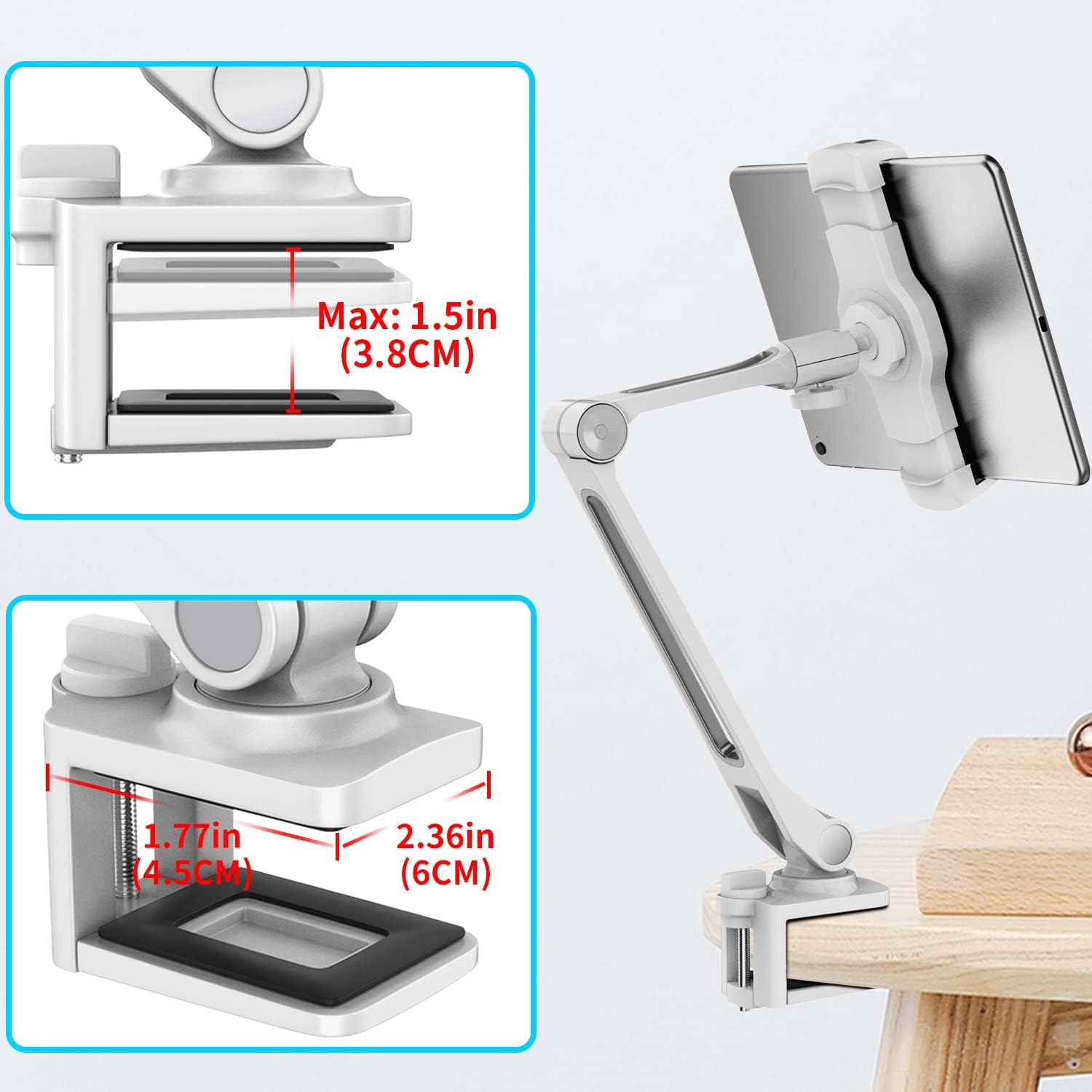 Abovetek Sturdy Ipad Holder, Aluminum Long Arm Ipad Tablet Mount, 360&deg; Swivel Tablet Stand & Phone Holder with Bracket Cradle Clamps 4-11" Devices for Kitchen Bedside Office Desk Showcase Display image number 2