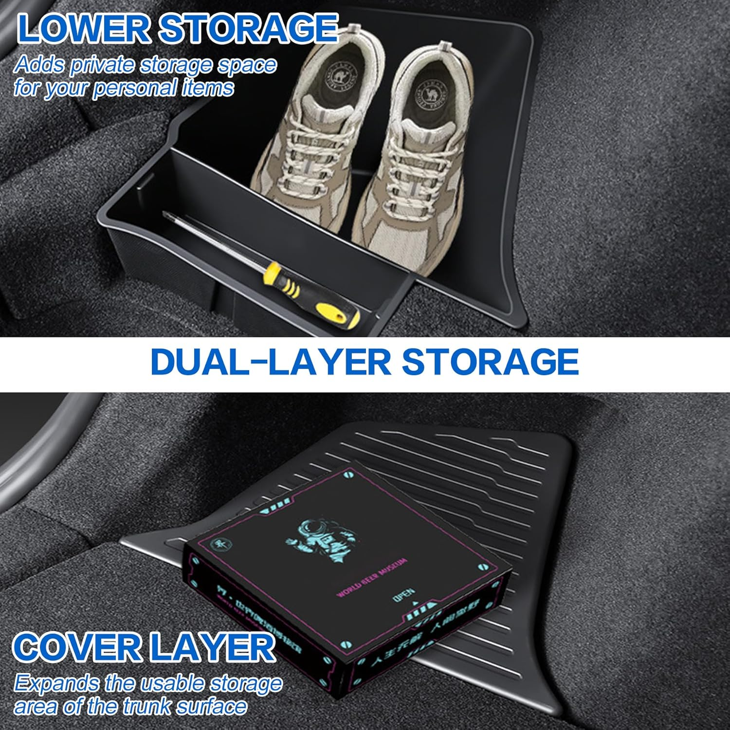 Car Rear Trunk Organizer with Lids for Tesla Model Y Juniper 2025 2026 TPE Side Cargo Storage Boxes TPE Waterproof Boot Tidy Bins Interior Accessories (Black)